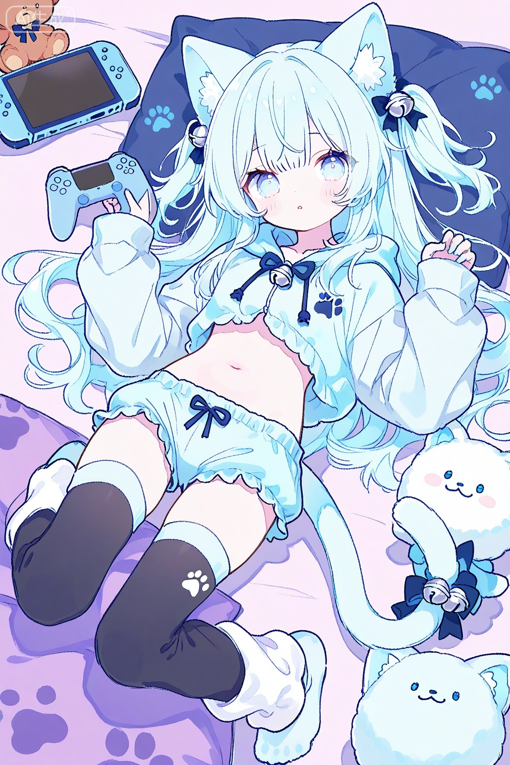 1girl, animal ear fluff, animal ears, bell, blue eyes, blue hair, blue hoodie, blue shorts, blue tail, bow, cat ears, cat girl, cat tail, controller, frilled shorts, frills, game controller, hair ornament, handheld game console, hood, hoodie, leg warmers, long hair, looking at viewer, lying, on stomach, paw print, pillow, shorts, soles, solo, stuffed animal, stuffed toy, tail, tail bell, tail ornament, teddy bear, thighhighs, two side up