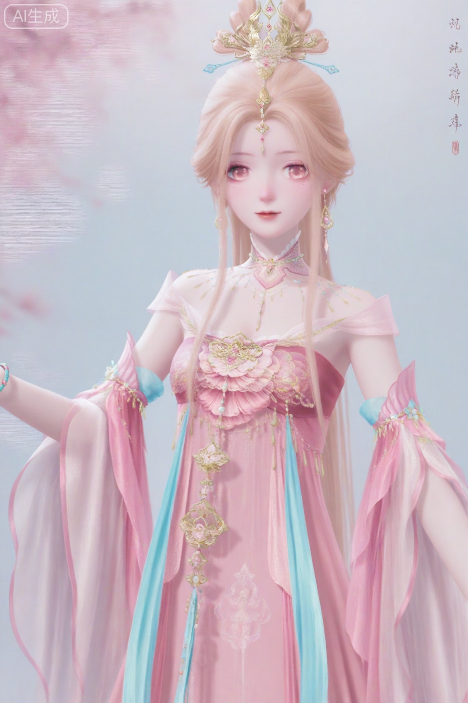 1girl, solo, looking at viewer, blonde hair, hair ornament, dress, jewelry,earrings, detached sleeves, pink eyes, bracelet, pink dress,hanfu,