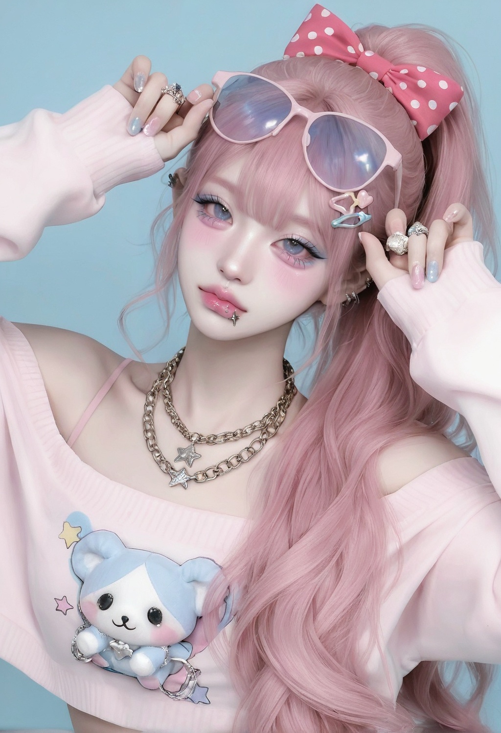 cute alt-girl aesthetic young woman,  pale pink wavy long hair in high messy ponytail with bangs,  light ash-pink hair col...