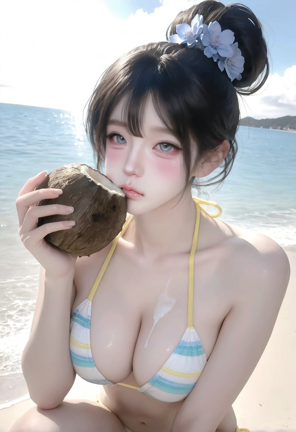 photorealistic portrait of cute young Asian woman on tropical beach,  long dark hair in messy bun,  blue hydrangea flowers...