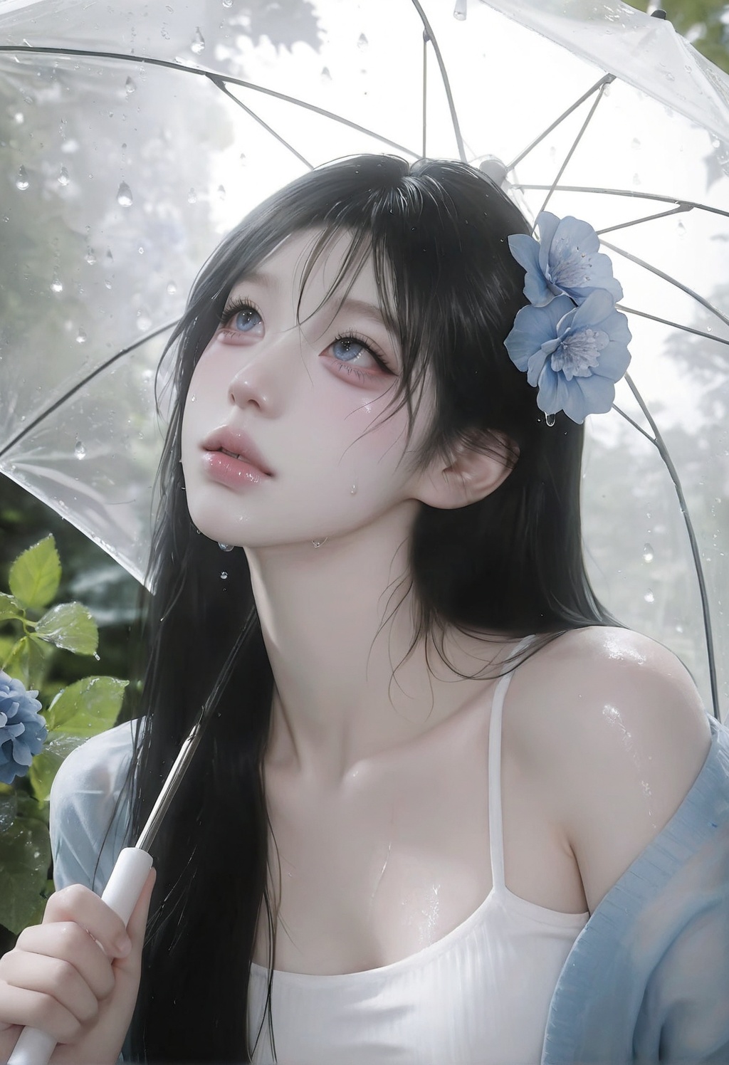 photorealistic portrait of beautiful young Asian girl under clear umbrella in rain,  long black hair wet and strands stick...