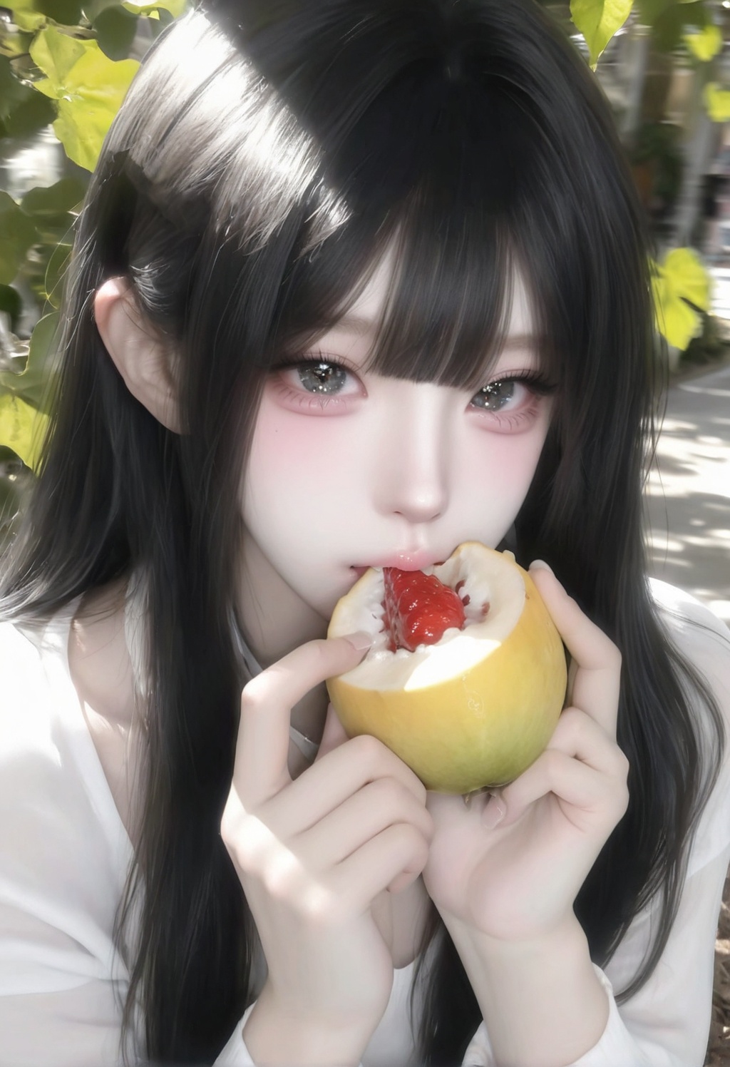 photorealistic close-up portrait of cute young Asian woman with long straight black hair and full bangs,  big sparkling ey...