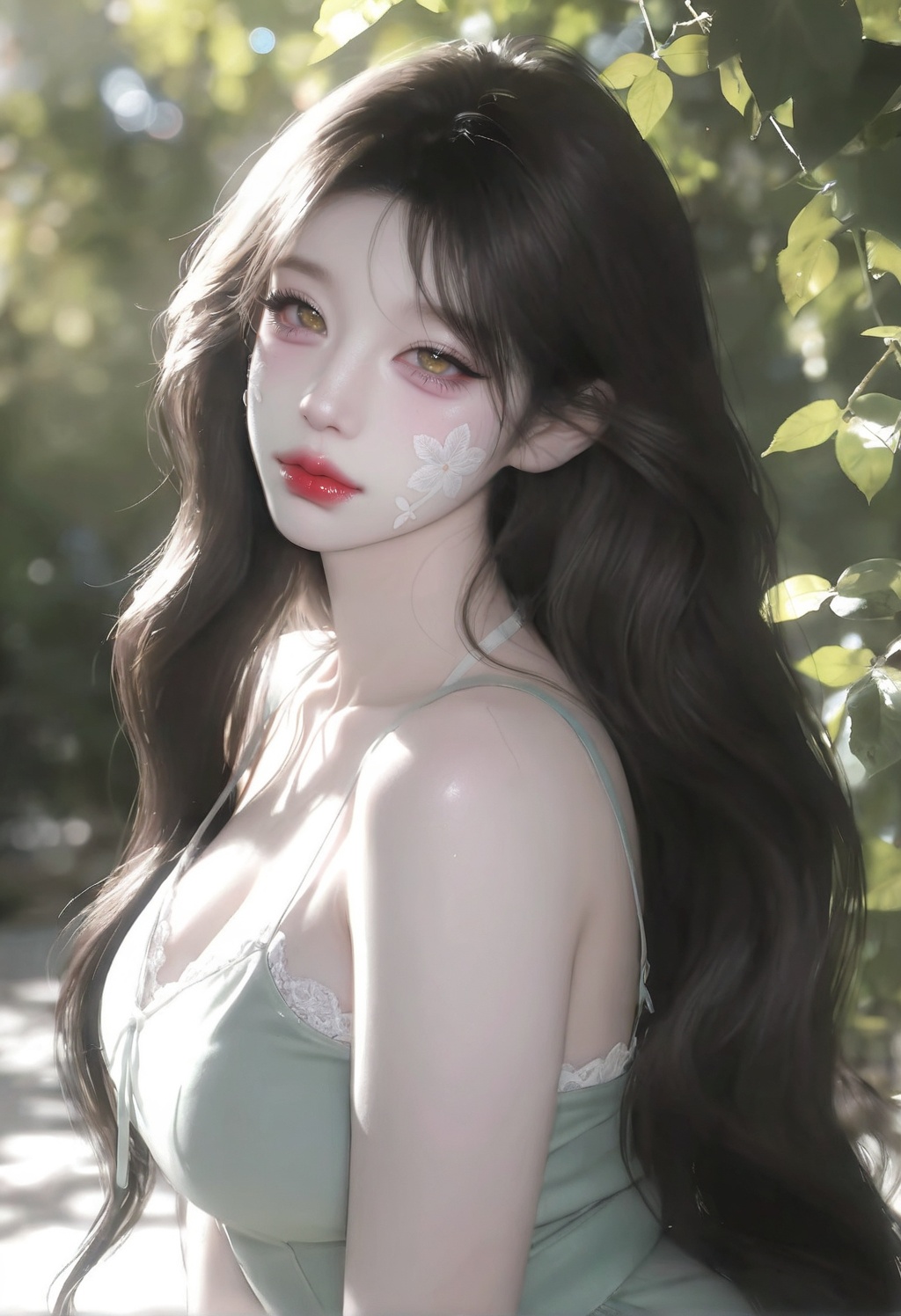 ethereal portrait of beautiful young Asian woman in lush green forest,  long wavy dark hair,  soft glowing skin on Tensor.Art