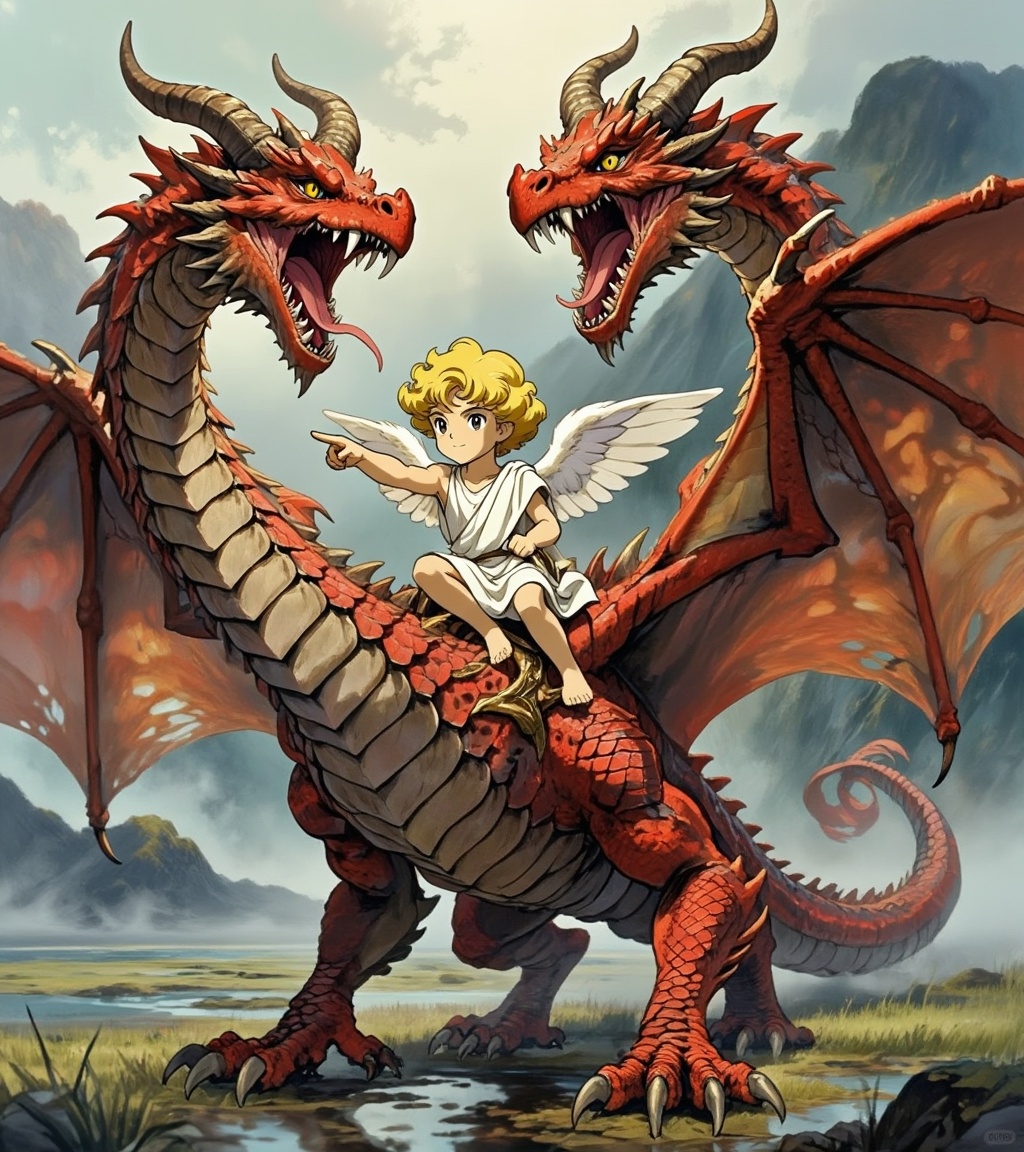 solomon demon valac,  small angel riding a clearly and unmistakably two headed dragon,  classic fantasy anime illustration...