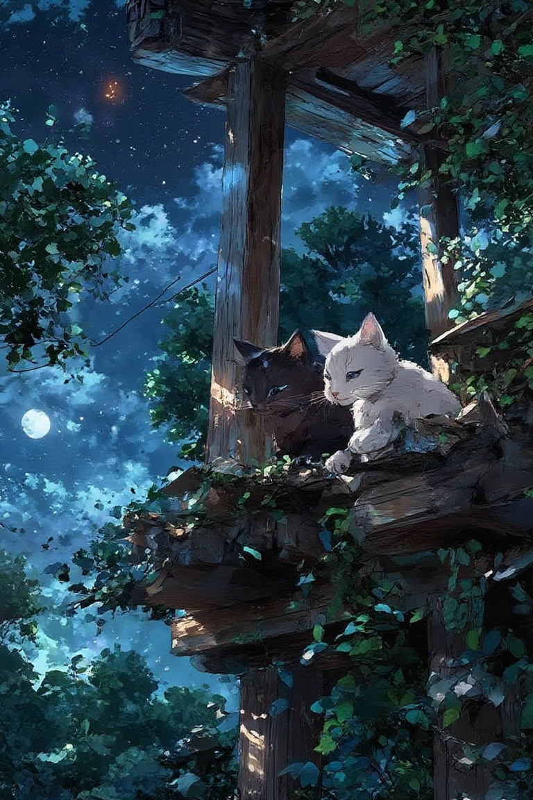 The image depicts two kittens perched on the edge of a wooden structure,  gazing out at a starry night sky. The sky is fil...