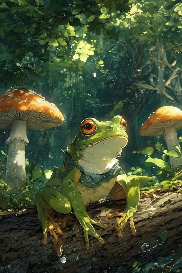 The image depicts a vibrant and whimsical scene of a green frog sitting on a tree trunk,  surrounded by colorful mushrooms...
