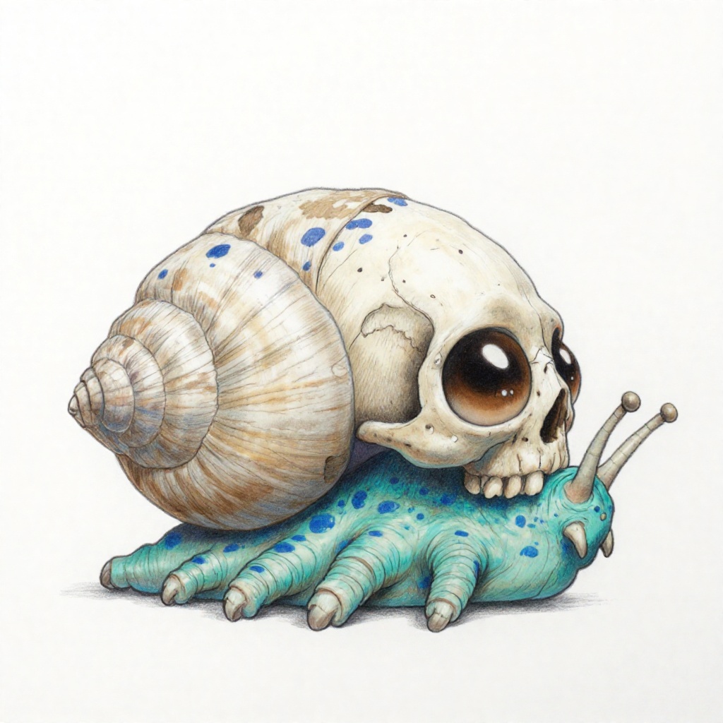 Chris_Ryniak_Scribble Style,  A profile illustration depicts a bulbous,  snail-like creature whose shell is a weathered on...
