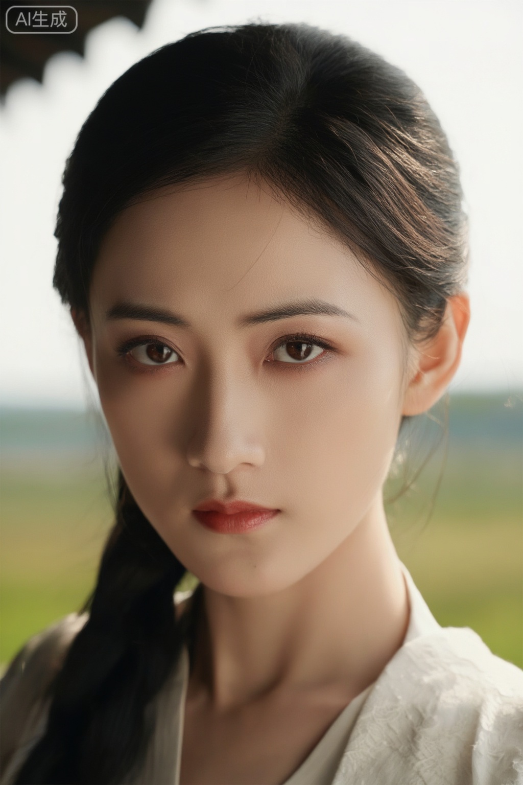 25-30岁中国汉族女性,摄影作品,角色特征：古典优雅,表情：智慧神秘,全息造型,电影风格,大角度的视角对视,背景中国风景,柔和的电影光影,极致清晰细节,精致的面部,手工画面,光环质感,模拟摄影,70年代风格,开放背景,中国元素,电影质感,超清极微观细节,现实风格,头部特写,ChungJing Luo,skin