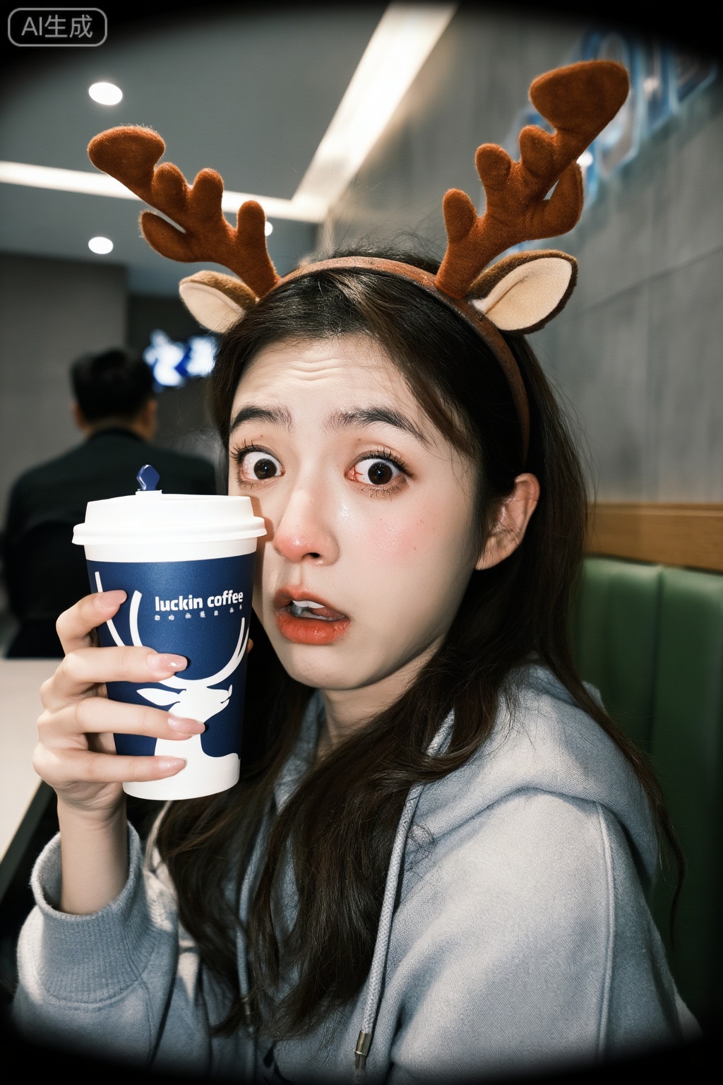 film grain, analog film texture, soft film lighting, Kodak Portra 400 style, cinematic grainy texture, photorealistic details, subtle noise, cinematic, emotionally charged, dramatic filmic lighting with soft highlights, (film grain:1.2)
东亚少女,她有着深棕色的长发,发丝自然垂落至胸部位置,发尾呈现不规则的微卷和分叉,头顶部分的头发被一枚巨大的棕色毛绒驯鹿角发箍压低,导致刘海和头顶发丝呈现被压扁的纹理,鹿角呈对称的Y字形分叉,左右各一,每只鹿角有三个圆润的枝杈,表面覆盖着深浅不一的棕色仿鹿短毛绒纹理,质地柔软蓬松,在顶光照射下呈现出深浅色差,鹿角的基部两侧各有一只浅米色的短毛绒耳朵,耳朵形状为半圆形,内部有细微的绒毛质感,边缘有深棕色的包边,女性的面部呈现出极度夸张的搞怪表情,仿佛刻意扮丑或惊讶,她的双眼圆睁至极限,虹膜为深棕色,瞳孔因室内强光照射而收缩成一个小黑点,眼白部分占据大部分眼球面积且隐约可见细微的红色血管纹理,上眼睑有自然的双眼皮褶皱,眼皮上涂抹了极淡的大地色眼影,睫毛浓密纤长且根根分明向上翘曲,下眼睑有自然的卧蚕隆起和轻微的眼袋阴影,卧蚕下方有几颗几乎不可见的细小雀斑,眉毛呈自然的弧形但眉尾夸张上扬,眉头微皱形成纵向纹路,鼻梁细长挺直,鼻骨线条清晰,鼻尖因顶光照射而呈现出微红的色泽和高光点,鼻翼两侧有自然的阴影和细微的毛孔,鼻头上有一丁点反光,嘴唇自然闭合但略微张开露出一条缝隙,下唇饱满肉感,唇色为自然的珊瑚粉色,唇纹清晰可见,嘴角微微下垂显示出一种荒诞的惊讶神态,她的脸颊饱满圆润,皮肤呈现出东亚人特有的暖调白皙,带有细腻的毛孔纹理和绒毛,在强光下可见皮肤表面的细微纹理,颧骨处有自然的红晕,她穿着一件浅灰色的棉质连帽卫衣,卫衣的表面有细微的起球和编织纹理,布料柔软贴身,领口处可以看到灰色的圆形抽绳垂下,抽绳末端有金属箍,她的右手高高举起一杯瑞幸咖啡贴近自己的左脸颊,几乎遮住了半张脸和左侧下巴,这是一个深蓝色或藏青色的标准热饮纸杯,杯身印有白色的品牌LOGO——一个抽象的、由几何线条构成的跳跃鹿头图案,鹿角的线条流畅优美,下方配有白色的“luckin coffee”英文手写字体,纸杯表面有细微的纸张纤维纹理和一层极薄的塑料覆膜反光,杯子顶部是一个白色的聚丙烯塑料杯盖,杯盖表面光滑且有强烈的顶光反光,边缘有压合的缝隙,中央有一个用于插入吸管的圆形孔洞,孔洞上用一个蓝色的塑料小塞子堵住,塞子顶部呈T字形,杯中似乎装有热咖啡,杯身有极轻微的热气水雾,她的手指自然弯曲握住杯身,手指修长,指关节处的皮肤褶皱清晰可见,指甲修剪得整整齐齐,呈现出自然的肉粉色,指甲表面有微弱的光泽,背景是一个室内连锁咖啡厅的环境,但由于大光圈浅景深效果而极度虚化,背景中可以看到一位穿着深色夹克或外套的男性顾客,他背对着镜头,头发短而黑,坐在一张桌子旁,头部轮廓模糊,背景的墙壁是浅灰色的,带有水泥或乳胶漆的质感,天花板上有长条形的嵌入式白色LED灯,灯光过曝形成了明亮的长方形光斑,右侧背景有木质的装饰线条和绿色的软包座椅靠背,座椅表面有皮革的纹理和缝线细节,远处还有一些模糊的蓝色亚克力装饰板或发光招牌,整体的光线是室内的人工照明,呈现出冷白色与暖黄色的混合色温,在女性的头发、鹿角尖端、鼻尖和咖啡杯盖上形成了明亮的高光点,而在脸颊下方、颈部和卫衣褶皱内则形成了柔和的阴影,画面的整体色调经过后期调色,呈现出一种复古的、略带褪色感的低饱和度风格,阴影部分略微偏青绿色,高光部分略微偏暖黄色,对比度降低,营造一种轻松、随意、搞怪且充满生活气息的Y2K千禧年初网络自拍氛围,图像的四周有严重的黑色暗角,四角被裁切成圆润的弧形,模仿了旧款数码相机或Instagram早期滤镜拍摄的即时效果,整体焦点集中在女性的眼睛和咖啡杯上,背景完全失焦成柔和的光斑和色块。,skin