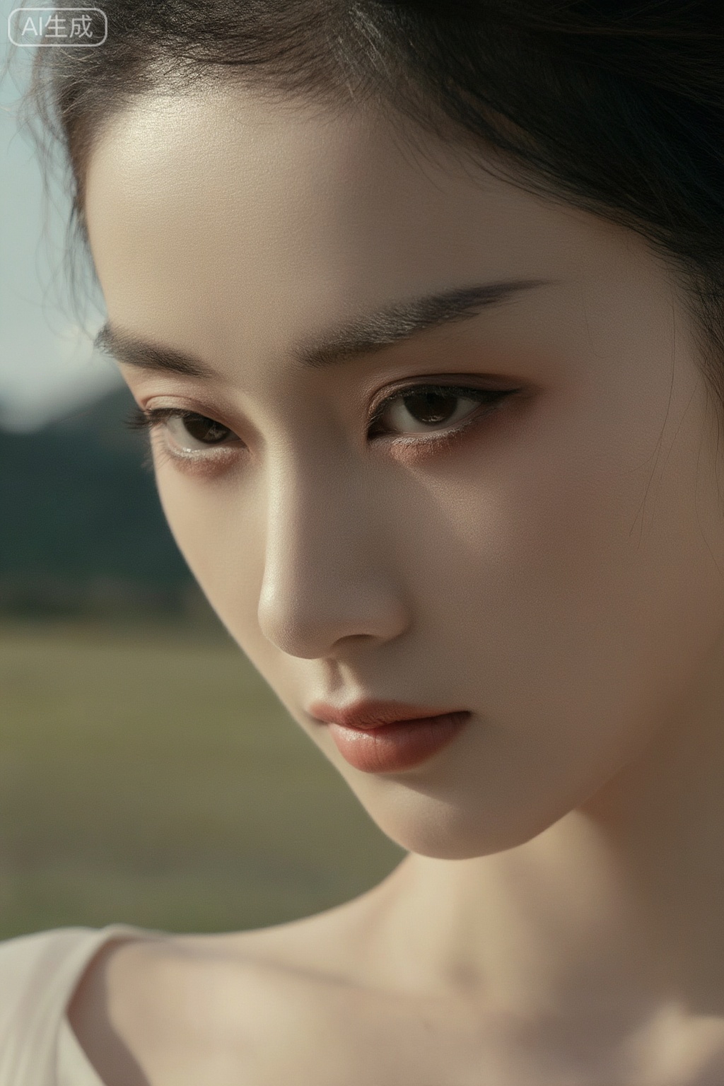 25-30岁中国汉族女性,摄影作品,角色特征：古典优雅,表情：智慧神秘,全息造型,电影风格,大角度的视角对视,背景中国风景,柔和的电影光影,极致清晰细节,精致的面部,手工画面,光环质感,模拟摄影,70年代风格,开放背景,中国元素,电影质感,超清极微观细节,现实风格,头部特写,ChungJing Luo,skin