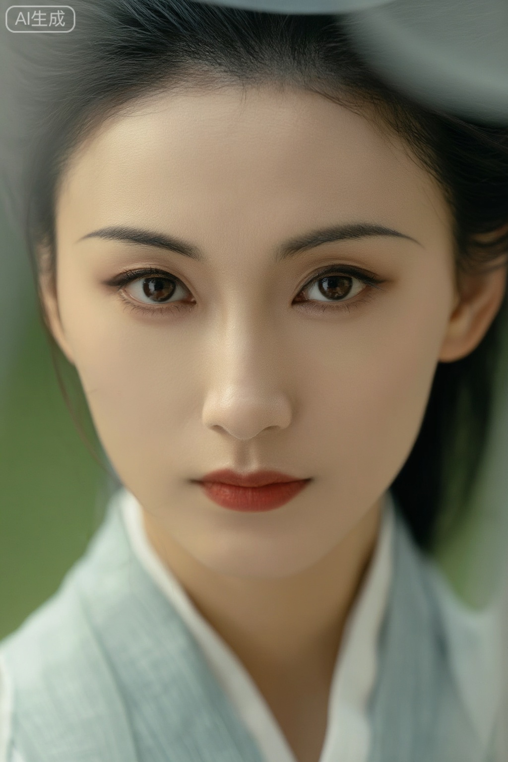 25-30岁中国汉族女性,摄影作品,角色特征：古典优雅,表情：智慧神秘,全息造型,电影风格,大角度的视角对视,背景中国风景,柔和的电影光影,极致清晰细节,精致的面部,手工画面,光环质感,模拟摄影,70年代风格,开放背景,中国元素,电影质感,超清极微观细节,现实风格,头部特写,ChungJing Luo,skin