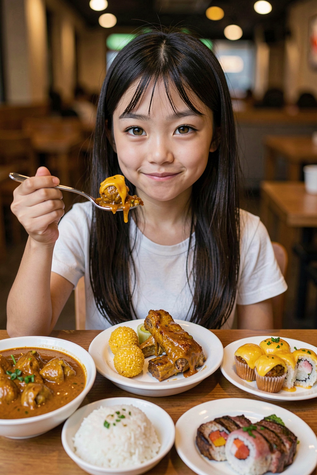 This image is a high-resolution a Asian little girl,  smirk,  long straight black hair on Tensor.Art