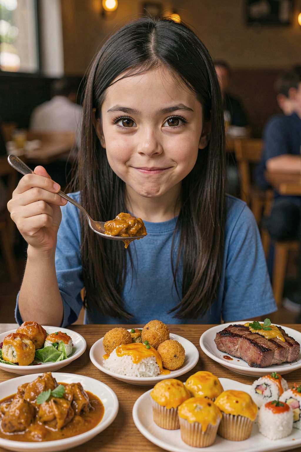 This image is a high-resolution a little girl,  smirk,  long straight black hair on Tensor.Art