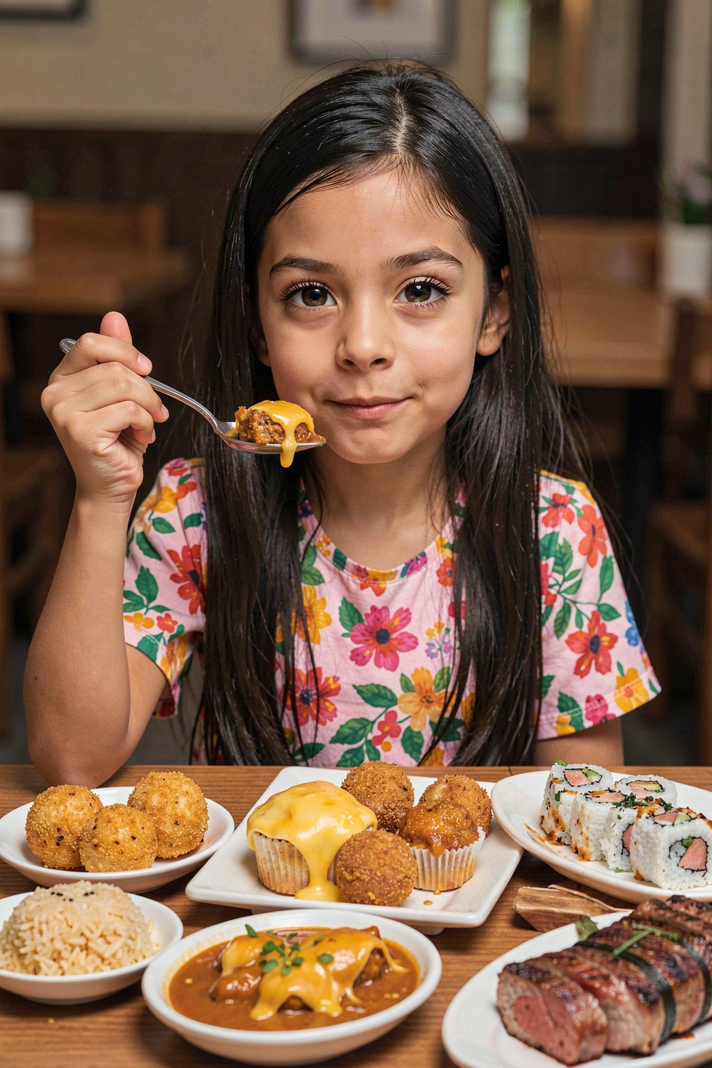 This image is a high-resolution a little girl,  long straight black hair,  large brown eyes on Tensor.Art