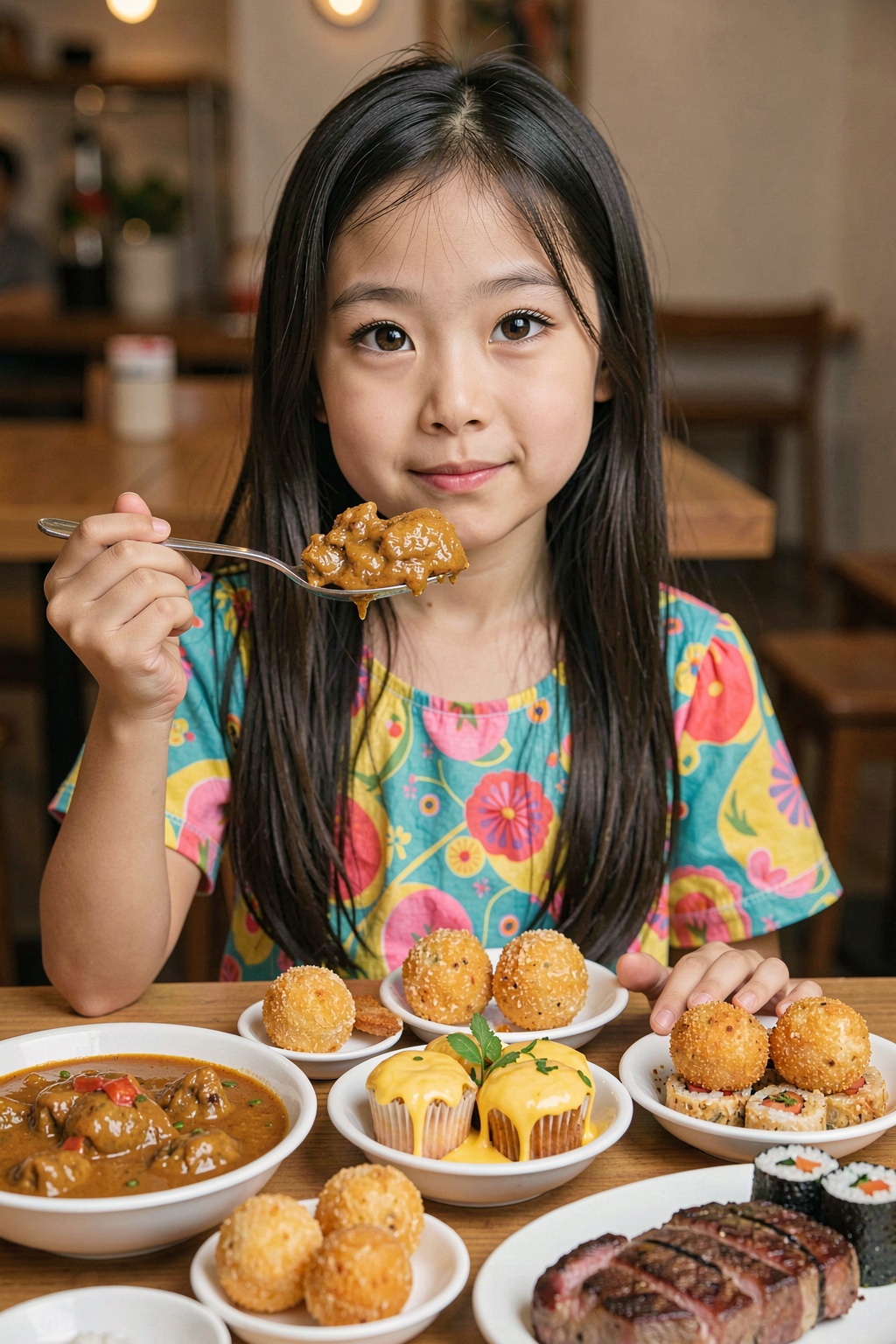 This image is a high-resolution a Asian little girl,  long straight black hair,  large brown eyes on Tensor.Art