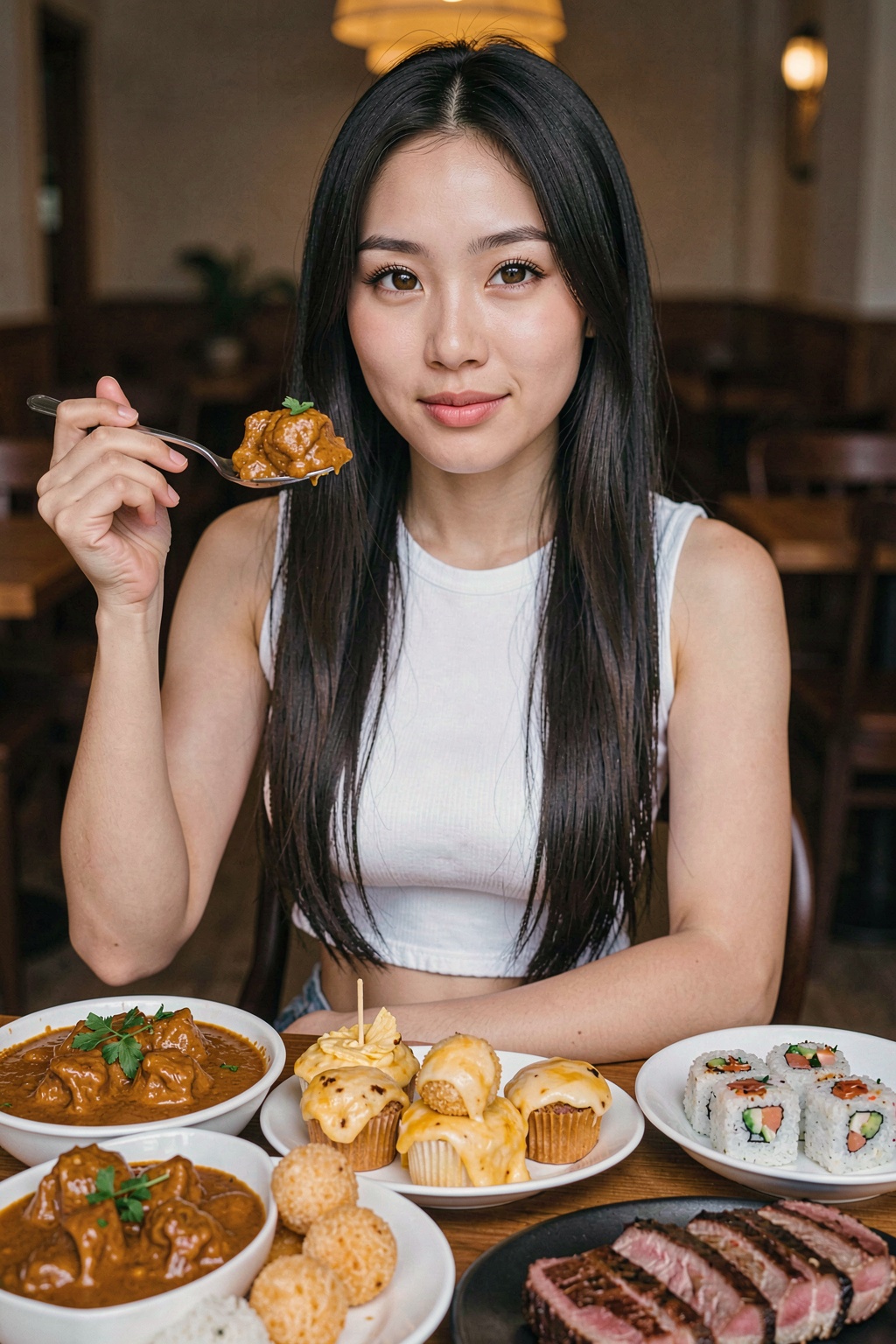 This image is a high-resolution a Asian young girl,  long straight black hair,  large brown eyes on Tensor.Art