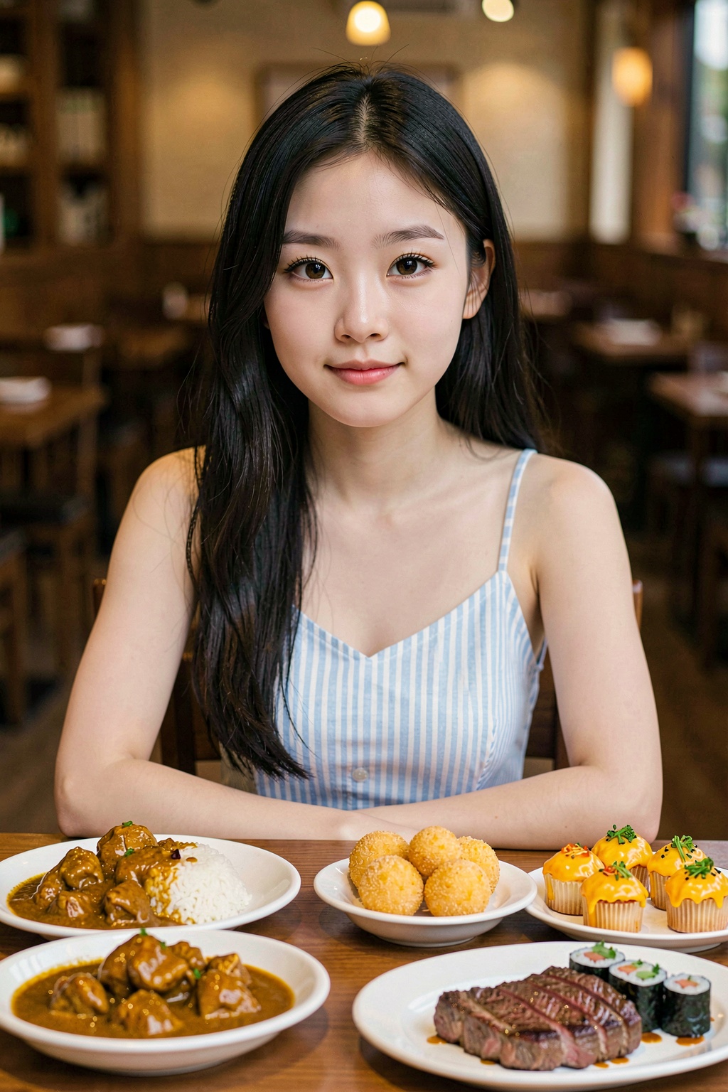 A Asian girl around 15 years old is sitting by a table facing the audience. She has long black hair with a bang,  fair ski...