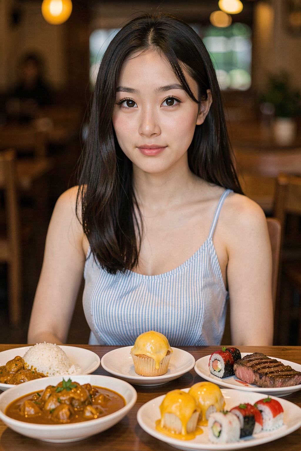 A Asian girl around 15 years old is sitting by a table facing the audience. She has long black hair with a bang,  fair ski...