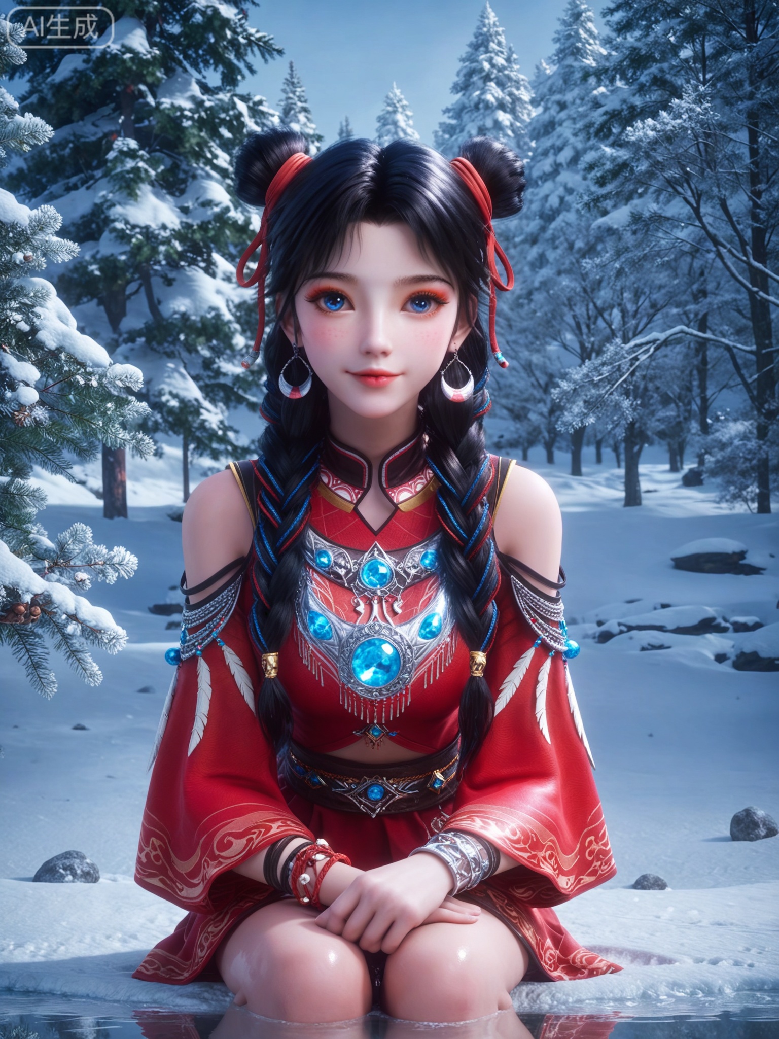 score_9,score_8_up,score_7_up,masterpiece,(best quality),(intricate details:0.9) BREAK (intricate details:0.9),(realistic skin:1.2),masterpiece,best quality,newest,absurdres,hiahres,1girl,jewelry,hair ornament,dress,necklace,lips,eyeshadow,bracelet,tassel,(8k ultra-clear, pony style),photo pose 0.6, micro-expression: soft smile 0.3, half-body + medium shot 0.7,1girl,looking_at_viewer,1boy,hair,realistic,photorealistic,Vivid Colors,bright environment,shiny skin,shiny hairjewelry,detail eyes,Eyes highlights,glowing,sunshine,bright,reflection,bright,sunshine on face,shiny,shinny,petite,thin,leg slimming,lose weight,slim hips,lakeside,delicate water,reflection,(full body:0.5)sitting_down,eyelashes,snow,Winter,Snowy landscape,Snow accumulation,Christmas tree,god eyes,