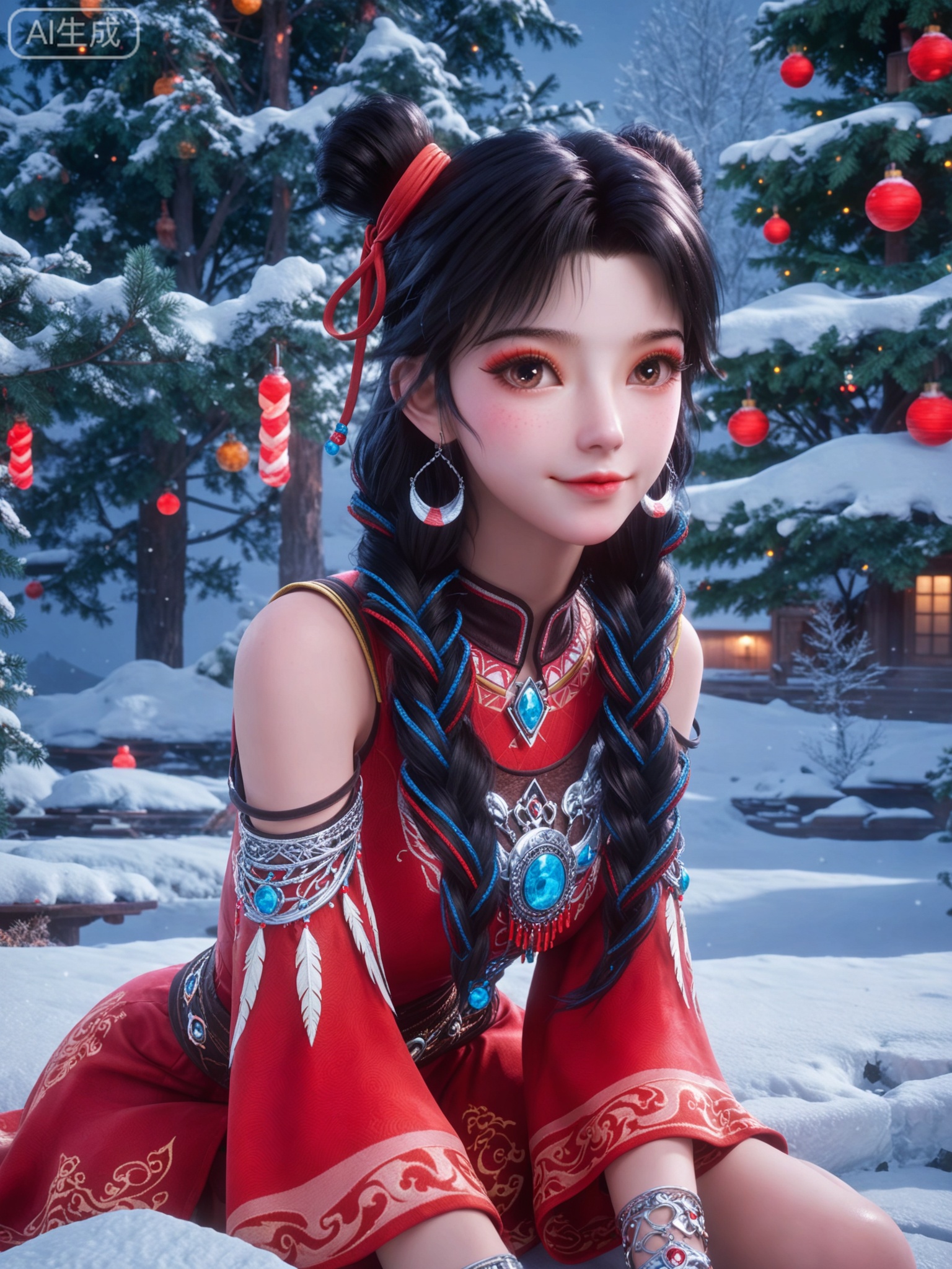 score_9,score_8_up,score_7_up,masterpiece,(best quality),(intricate details:0.9) BREAK (intricate details:0.9),(realistic skin:1.2),masterpiece,best quality,newest,absurdres,hiahres,1girl,jewelry,hair ornament,dress,necklace,lips,eyeshadow,bracelet,tassel,(8k ultra-clear, pony style),photo pose 0.6, micro-expression: soft smile 0.3, half-body + medium shot 0.7,1girl,looking_at_viewer,1boy,hair,realistic,photorealistic,Vivid Colors,bright environment,shiny skin,shiny hairjewelry,detail eyes,Eyes highlights,glowing,sunshine,bright,reflection,bright,sunshine on face,shiny,shinny,petite,thin,leg slimming,lose weight,slim hips,lakeside,delicate water,reflection,(full body:0.5)sitting_down,eyelashes,snow,Winter,Snowy landscape,Snow accumulation,Christmas tree,brown eyes,