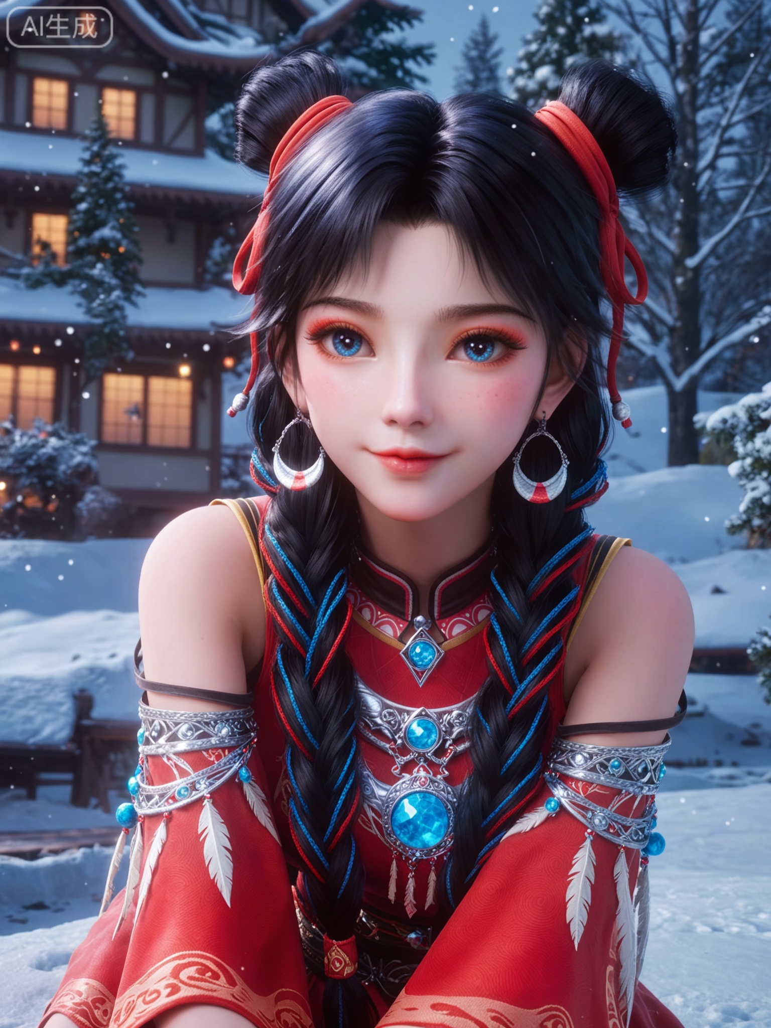 score_9,score_8_up,score_7_up,masterpiece,(best quality),(intricate details:0.9) BREAK (intricate details:0.9),(realistic skin:1.2),masterpiece,best quality,newest,absurdres,hiahres,1girl,jewelry,hair ornament,dress,necklace,lips,eyeshadow,bracelet,tassel,(8k ultra-clear, pony style),photo pose 0.6, micro-expression: soft smile 0.3, half-body + medium shot 0.7,1girl,looking_at_viewer,1boy,hair,realistic,photorealistic,Vivid Colors,bright environment,shiny skin,shiny hairjewelry,detail eyes,Eyes highlights,glowing,sunshine,bright,reflection,bright,sunshine on face,shiny,shinny,petite,thin,leg slimming,lose weight,slim hips,lakeside,delicate water,reflection,(full body:0.5)sitting_down,eyelashes,snow,Winter,Snowy landscape,Snow accumulation,Christmas tree,god eyes,