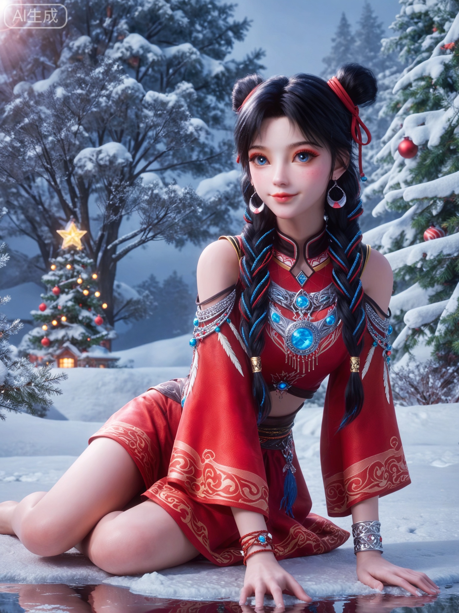 score_9,score_8_up,score_7_up,masterpiece,(best quality),(intricate details:0.9) BREAK (intricate details:0.9),(realistic skin:1.2),masterpiece,best quality,newest,absurdres,hiahres,1girl,jewelry,hair ornament,dress,necklace,lips,eyeshadow,bracelet,tassel,(8k ultra-clear, pony style),photo pose 0.6, micro-expression: soft smile 0.3, half-body + medium shot 0.7,1girl,looking_at_viewer,1boy,hair,realistic,photorealistic,Vivid Colors,bright environment,shiny skin,shiny hairjewelry,detail eyes,Eyes highlights,glowing,sunshine,bright,reflection,bright,sunshine on face,shiny,shinny,petite,thin,leg slimming,lose weight,slim hips,lakeside,delicate water,reflection,(full body:0.5)sitting_down,eyelashes,snow,Winter,Snowy landscape,Snow accumulation,Christmas tree,