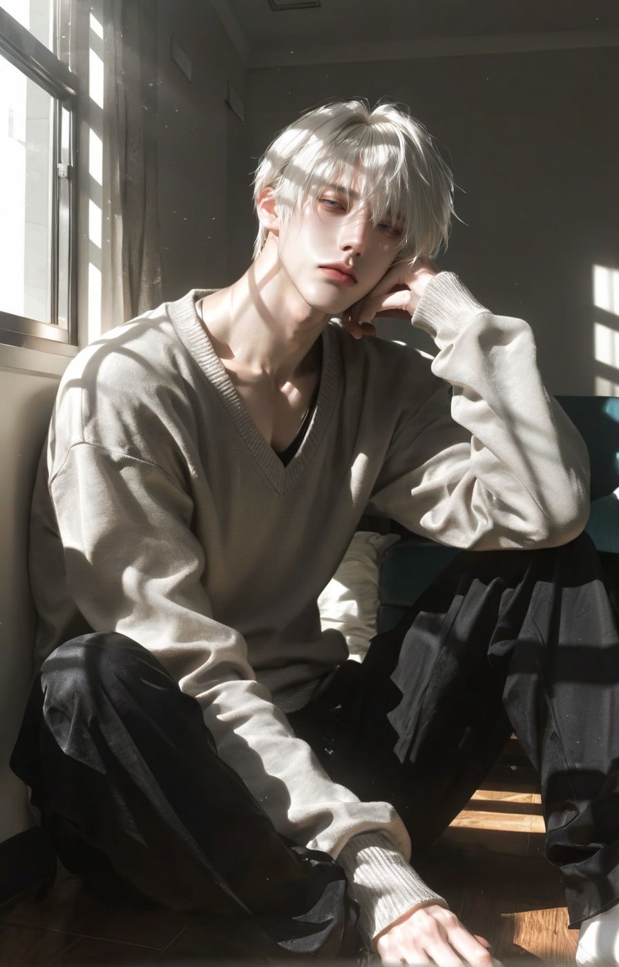 Alone,  male,  close-up side view facing toward the viewer. (((Light Yagami–inspired))). Short hair with side-swept bangs...