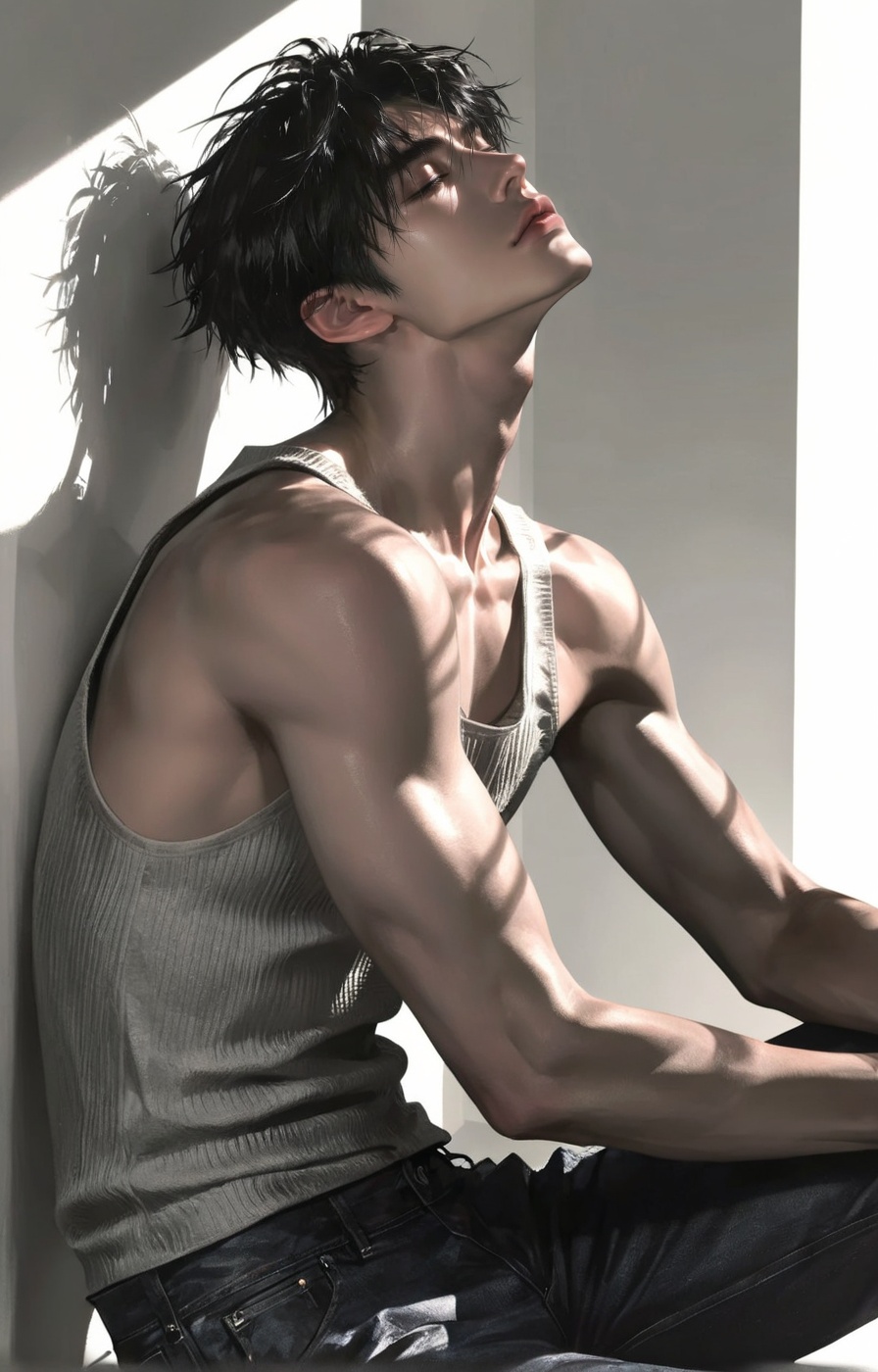 1boy,  short dark hair,  leaning against white wall on Tensor.Art