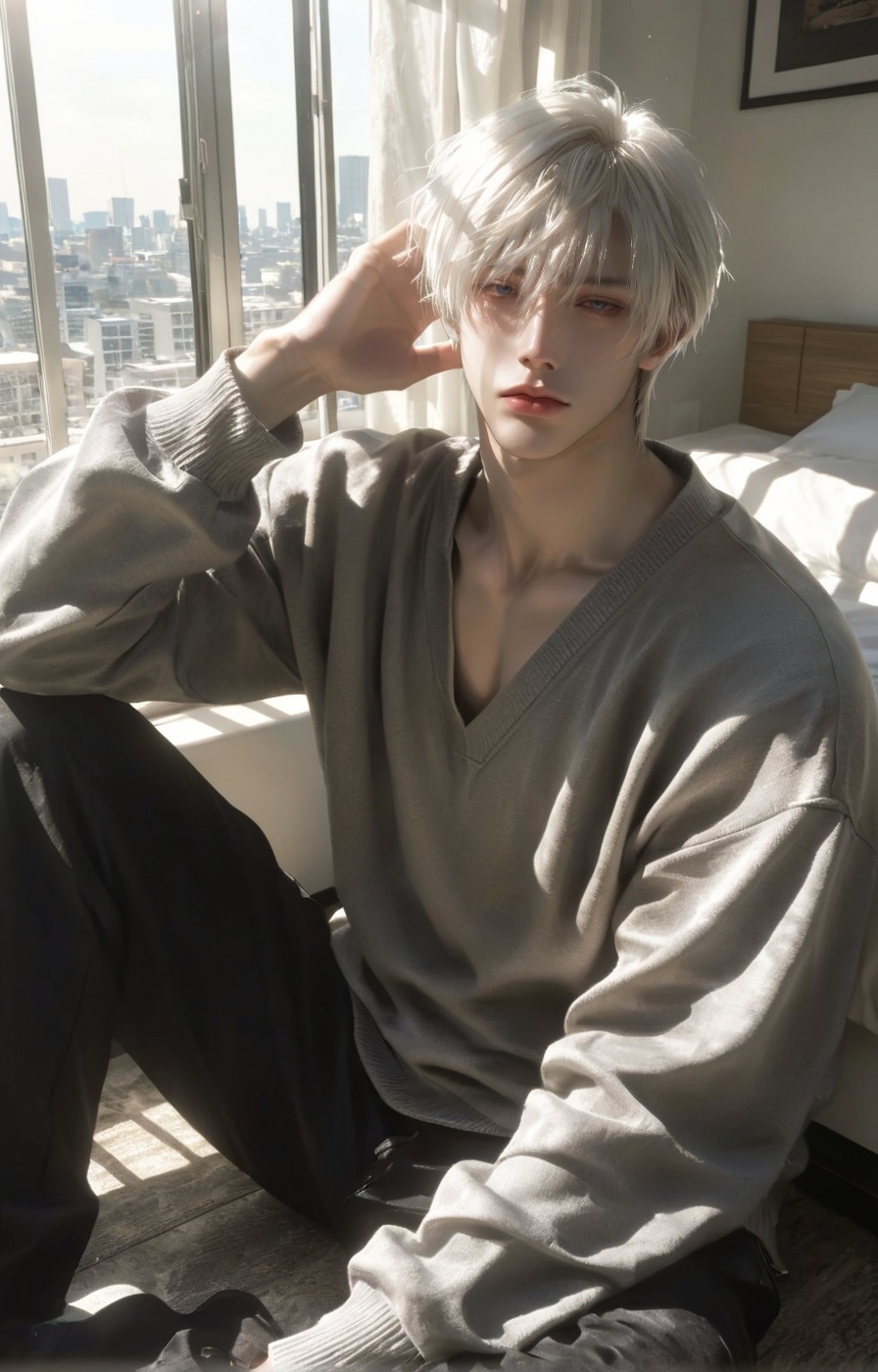 Alone,  male,  close-up side view facing toward the viewer. (((Light Yagami–inspired))). Short hair with side-swept bangs...