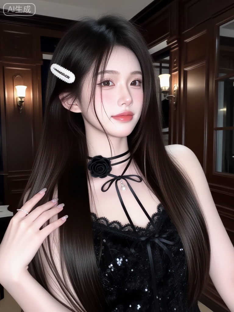 A beautiful young woman with long, straight dark brown hair and soft bangs, wearing a stylish black sequined strapless top with delicate bow details, posing elegantly in a luxurious vintage-style interior. She accessorizes with a black choker featuring a fluffy rose embellishment, a small pearl pendant necklace, and a white text-printed hair clip on the side of her head. Her makeup is natural yet polished, with defined eyes, rosy cheeks, and glossy coral-pink lips. One hand gently touches her hair, showcasing neatly manicured nails with subtle glitter accents and a delicate ring. The background features rich wooden paneling, ornate architectural details, and warm ambient lighting, creating a sophisticated and refined atmosphere. Photorealistic quality, high-resolution details, soft skin texture, realistic fabric shimmer, cinematic lighting, and a fashion-forward editorial aesthetic — blending glamour, elegance, and youthful charm.
