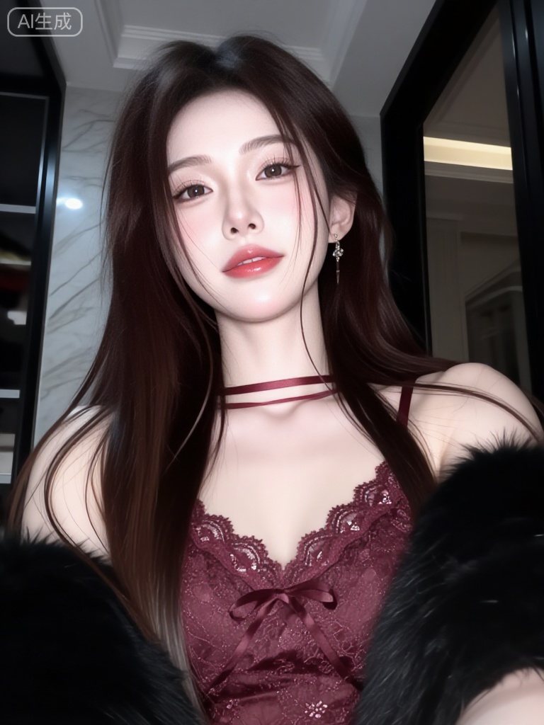 A beautiful young Asian woman with long, wavy chestnut-brown hair, wearing a delicate deep burgundy lace lingerie top with thin straps and floral embroidery, layered over a soft black fur stole draped around her shoulders, taking a close-up selfie in a dimly lit, modern interior setting with marble walls and reflective surfaces in the background, warm ambient lighting highlighting her glowing skin and defined features, bold red lips, subtle eye makeup with smoky tones, elegant dangling earrings, confident and alluring expression, high-resolution, photorealistic, fashion editorial style, sensual yet refined aesthetic — ar 3:4 --v 6 --style raw