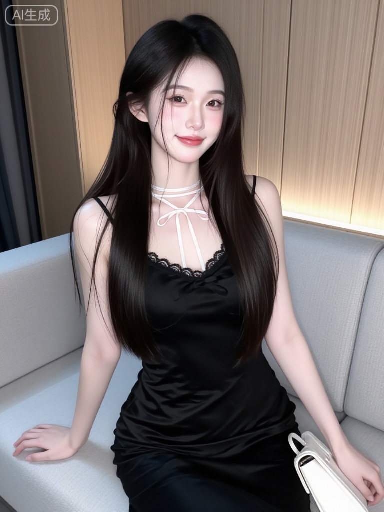 
A beautiful young Asian woman with long, wavy black hair, wearing a sleek black satin slip dress with thin spaghetti straps and a gathered sweetheart neckline, sitting elegantly on a modern light gray sofa in a minimalist interior setting, accessorized with a delicate pearl choker necklace and holding a small white clutch purse, soft warm ambient lighting highlighting her smooth skin and refined features, subtle makeup with rosy cheeks and glossy red lips, poised and graceful expression, clean background with wooden panel walls and soft backlighting, high-resolution, photorealistic, fashion editorial style, sophisticated and chic aesthetic — ar 3:4 --v 6 --style raw

