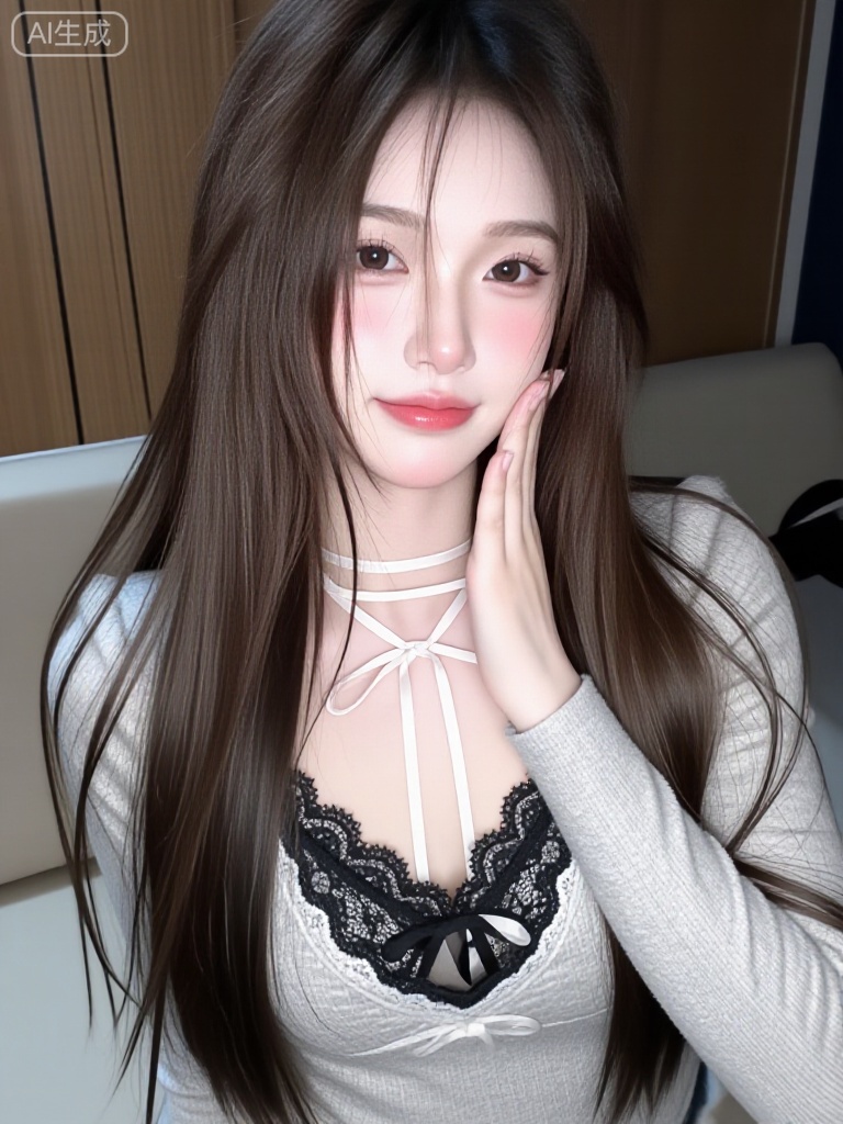 
A close-up portrait of a young woman with long light brown curly hair and soft bangs, wearing a gray long-sleeved rib top, and a transparent hollow plate revealing a black lace bra underneath. She has a natural makeup, rosy cheeks, smooth red lips and a playful expression, while her hand touches her cheek in a sweet and provocative posture. The background is a soft indoor environment, warm wooden walls and neutral sofas, creating a comfortable and intimate atmosphere. Realistic quality, high-resolution details, smooth skin texture, realistic fabric rendering and natural lighting. Fashionable and avant-garde style, with a touch of frivolous charm, emphasizes softness, elegance and modern street clothing aesthetics. Film-like composition, clear theme focus, realistic realism.