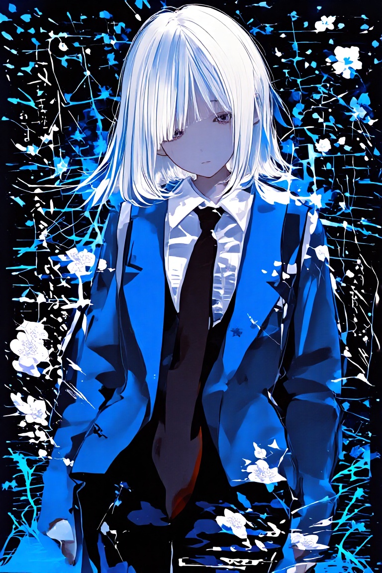 The image features a character with short white hair and purple eyes,  wearing a blue blazer and a black tie,  standing ag...