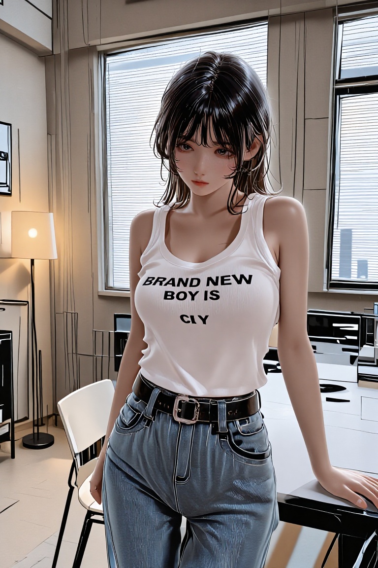 The image shows a young woman standing indoors,  wearing a white **** top with the text "BRAND NEW BOY IS CRY" printed on...