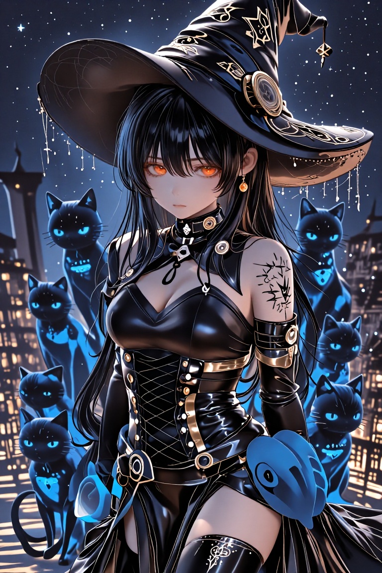 The image depicts a fantasy-themed scene with a central character dressed in elaborate black and gold attire,  including a...