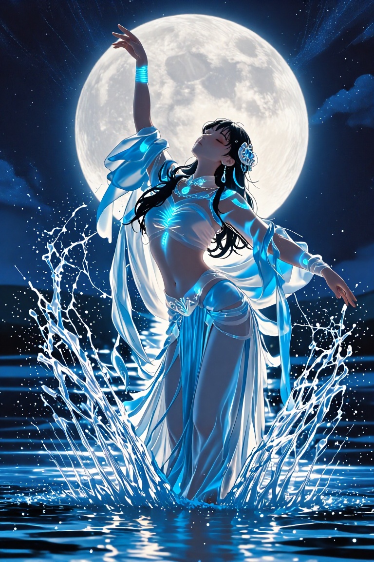 The image depicts a vibrant and dynamic scene with a full moon in the background,  casting a luminous glow over the water....