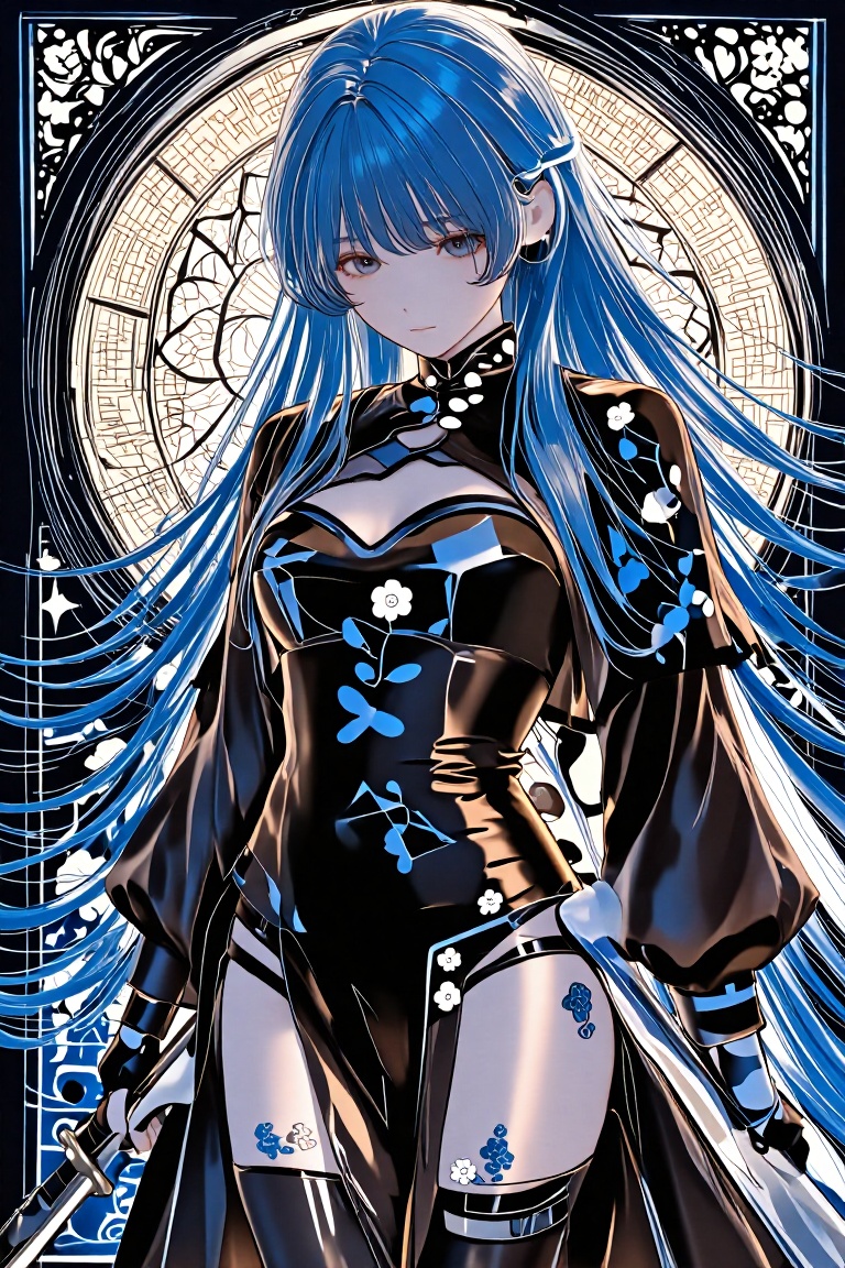The image depicts a stylized illustration of a character with long,  flowing blue hair,  wearing a black outfit adorned wi...