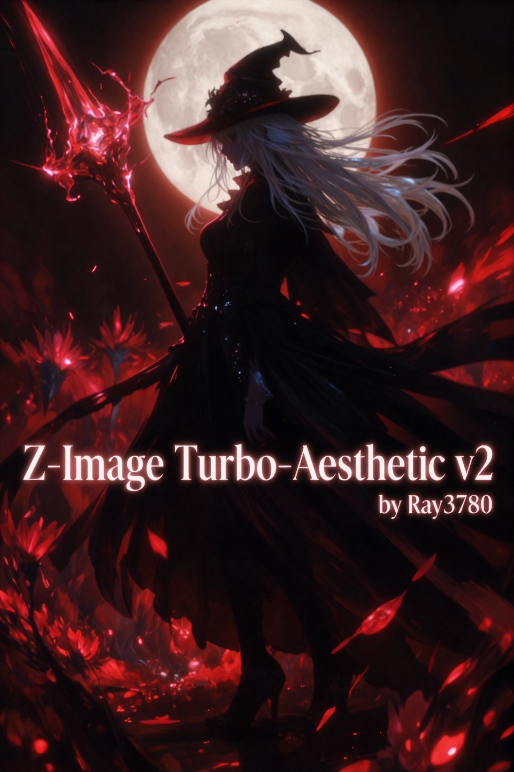 居右侧的魔女背影半身剪影,  弥散质感,  黑色红底魔法帽 on Tensor.Art
