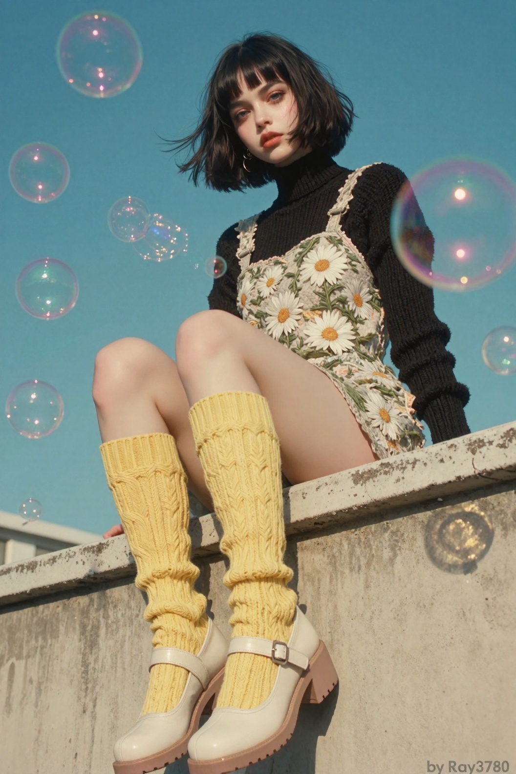 A low-angle,  cinematic portrait of a porcelain-skinned young woman perched on a sun-warmed concrete ledge,  her jet-black...
