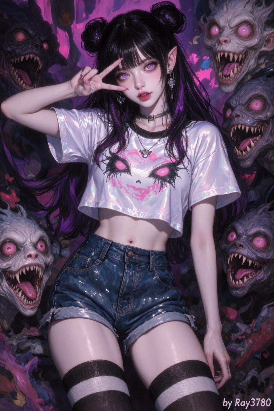 插画风格,  一个浅色皮肤、黑发、尖耳朵的精灵女人,  穿着白色、略带光泽的短袖短款上衣 on Tensor.Art