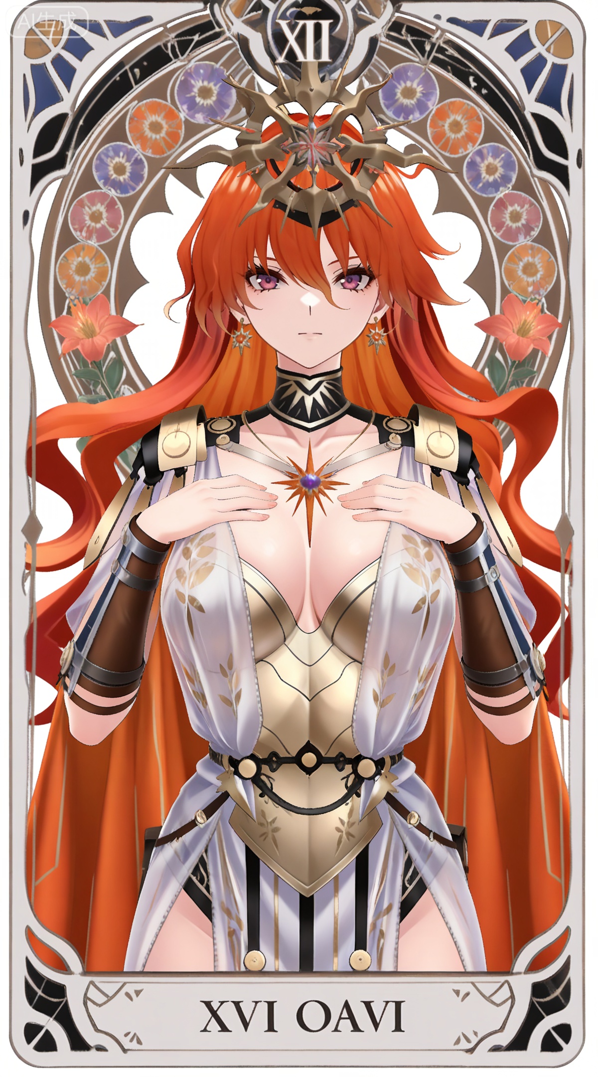 depth of field,masterpiece,best quality,very aesthetic,alternate costume,alternate costume,2024,2023,perfect composition,ultra-detailed,extreme aesthetic,masterpiece,best quality,good quality,newest,year 2024,year 2023,very aesthetic,absurdres,looking_at_viewer,colorful,
,art nouveau,traditional media,flower,xiamu,(tarot (medium):1.2),day,shadow,
red hair,long hair,very long hair,purple eyes,red eyes,hair between eyes,earrings,orange hair,wavy hair,aogu red cape,aogu crown,aogu armor,aogu greco-roman clothes,aogu white dress,1girl,breasts,jewelry,solo,looking at viewer,white background,cleavage,upper body,simple background,large breasts,closed mouth,collarbone,hand on breasts,