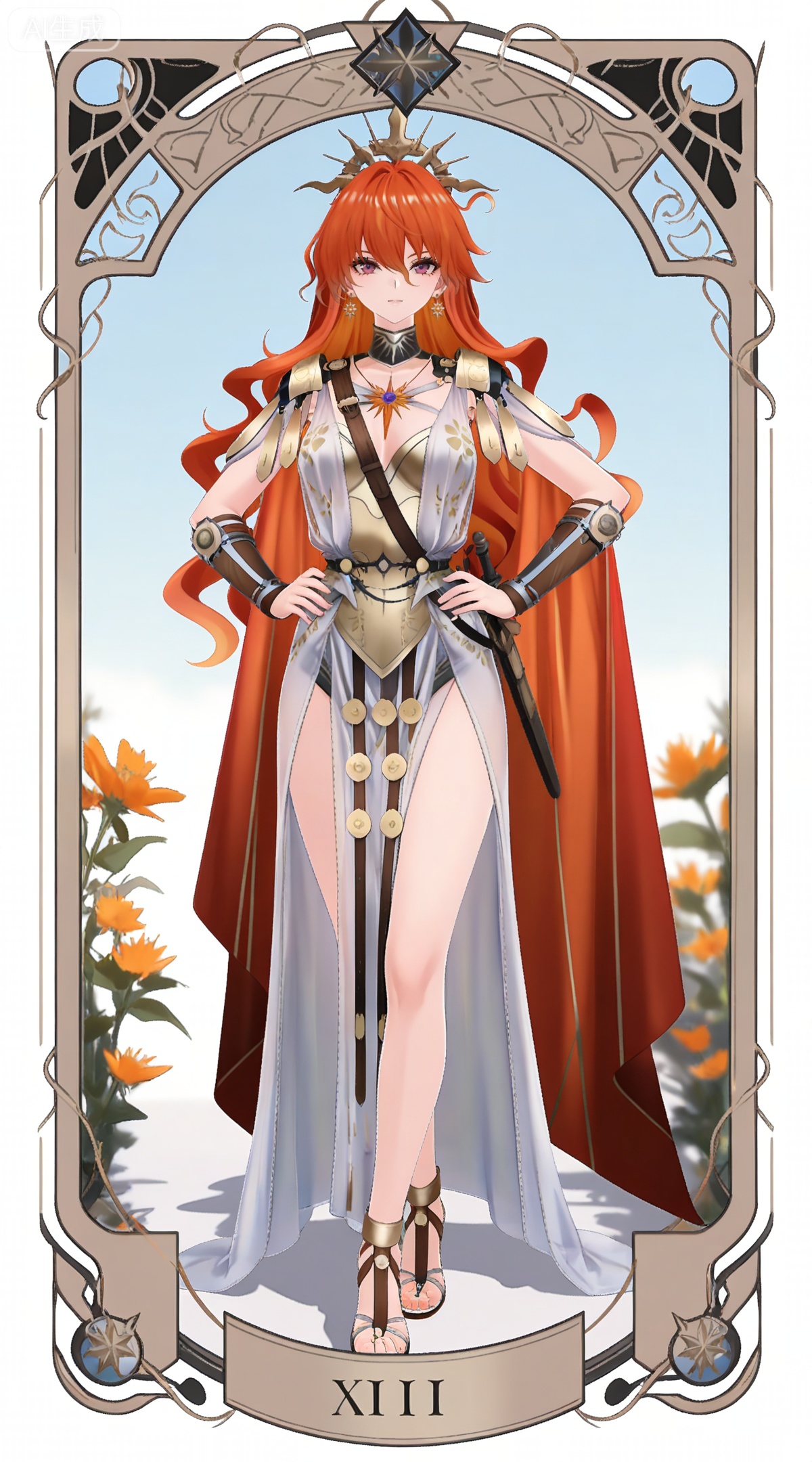 depth of field,masterpiece,best quality,very aesthetic,alternate costume,alternate costume,2024,2023,perfect composition,ultra-detailed,extreme aesthetic,masterpiece,best quality,good quality,newest,year 2024,year 2023,very aesthetic,absurdres,looking_at_viewer,colorful,
,art nouveau,traditional media,flower,xiamu,(tarot (medium):1.2),day,shadow,
orange hair, wavy hair, red hair, long hair, very long hair, purple eyes, red eyes, hair between eyes, earrings, aogu red cape, aogu crown, aogu armor, aogu greco-roman clothes, aogu white dress, aogu gladiator sandals, aogu high heels, 1girl, breasts, solo, full body, jewelry, hand on own hip, looking at viewer, cleavage, standing, white background, pelvic curtain, simple background, medium breasts, toes