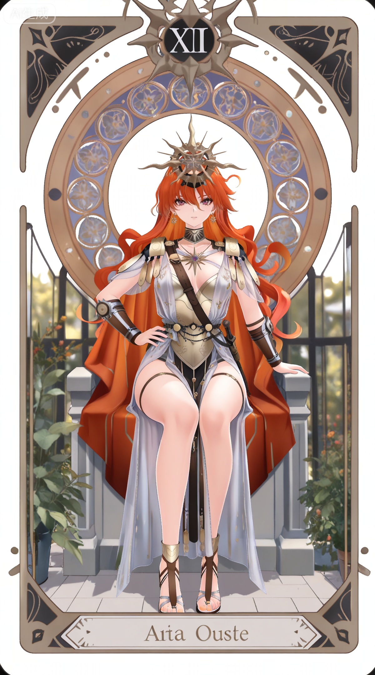 depth of field,masterpiece,best quality,very aesthetic,alternate costume,alternate costume,2024,2023,perfect composition,ultra-detailed,extreme aesthetic,masterpiece,best quality,good quality,newest,year 2024,year 2023,very aesthetic,absurdres,looking_at_viewer,colorful,
,art nouveau,traditional media,flower,xiamu,(tarot (medium):1.2),day,shadow,
orange hair, wavy hair, red hair, long hair, very long hair, purple eyes, red eyes, hair between eyes, earrings, aogu red cape, aogu crown, aogu armor, aogu greco-roman clothes, aogu white dress, aogu gladiator sandals, aogu high heels, 1girl, breasts, solo, full body, jewelry, hand on own hip, looking at viewer, cleavage,  white background, pelvic curtain, simple background, medium breasts, toes,sitting,