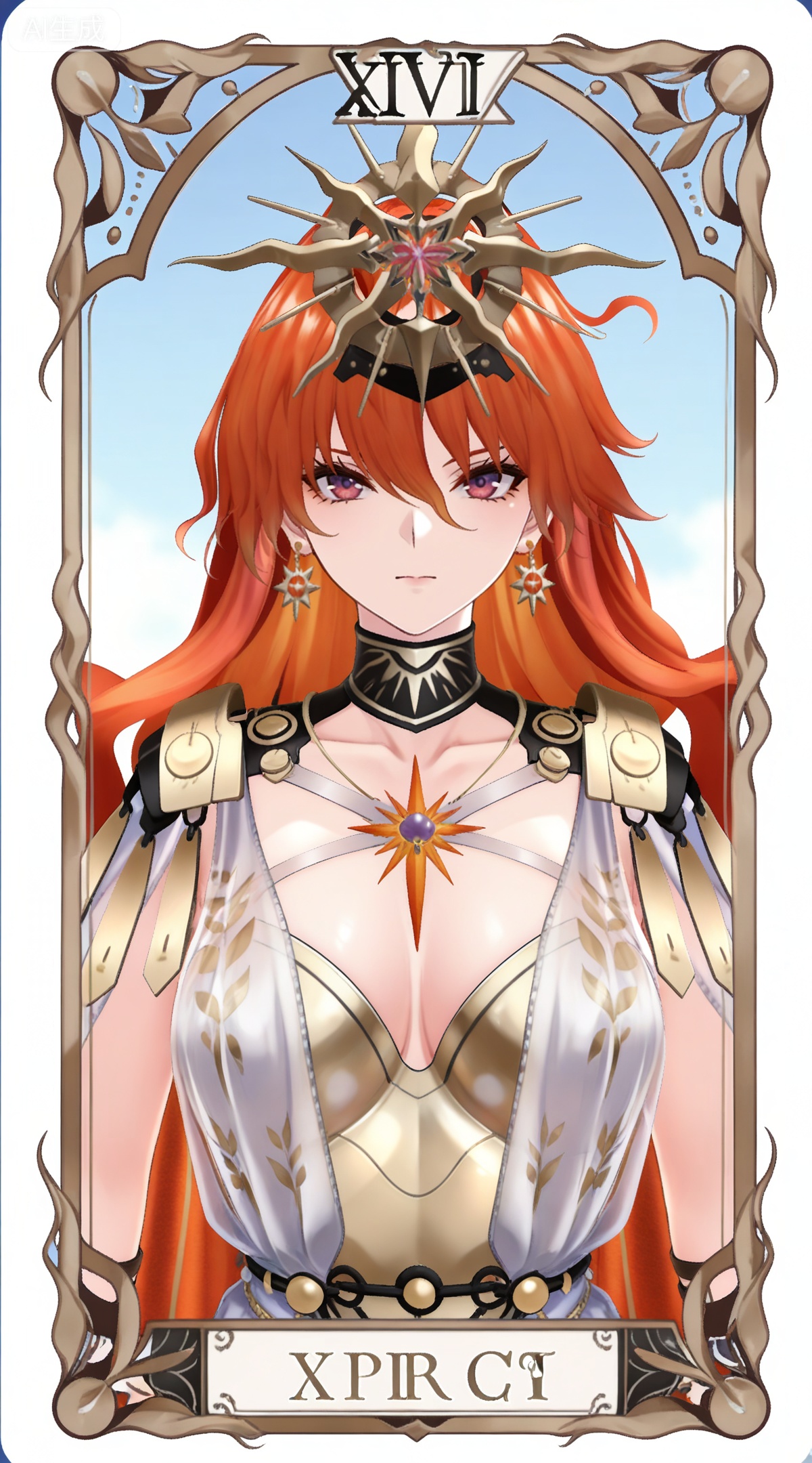 depth of field,masterpiece,best quality,very aesthetic,alternate costume,alternate costume,2024,2023,perfect composition,ultra-detailed,extreme aesthetic,masterpiece,best quality,good quality,newest,year 2024,year 2023,very aesthetic,absurdres,looking_at_viewer,colorful,
,art nouveau,traditional media,flower,xiamu,(tarot (medium):1.2),day,shadow,
red hair,long hair,very long hair,purple eyes,red eyes,hair between eyes,earrings,orange hair,wavy hair,aogu red cape,aogu crown,aogu armor,aogu greco-roman clothes,aogu white dress,1girl,breasts,jewelry,solo,looking at viewer,white background,cleavage,upper body,simple background,large breasts,closed mouth,collarbone,