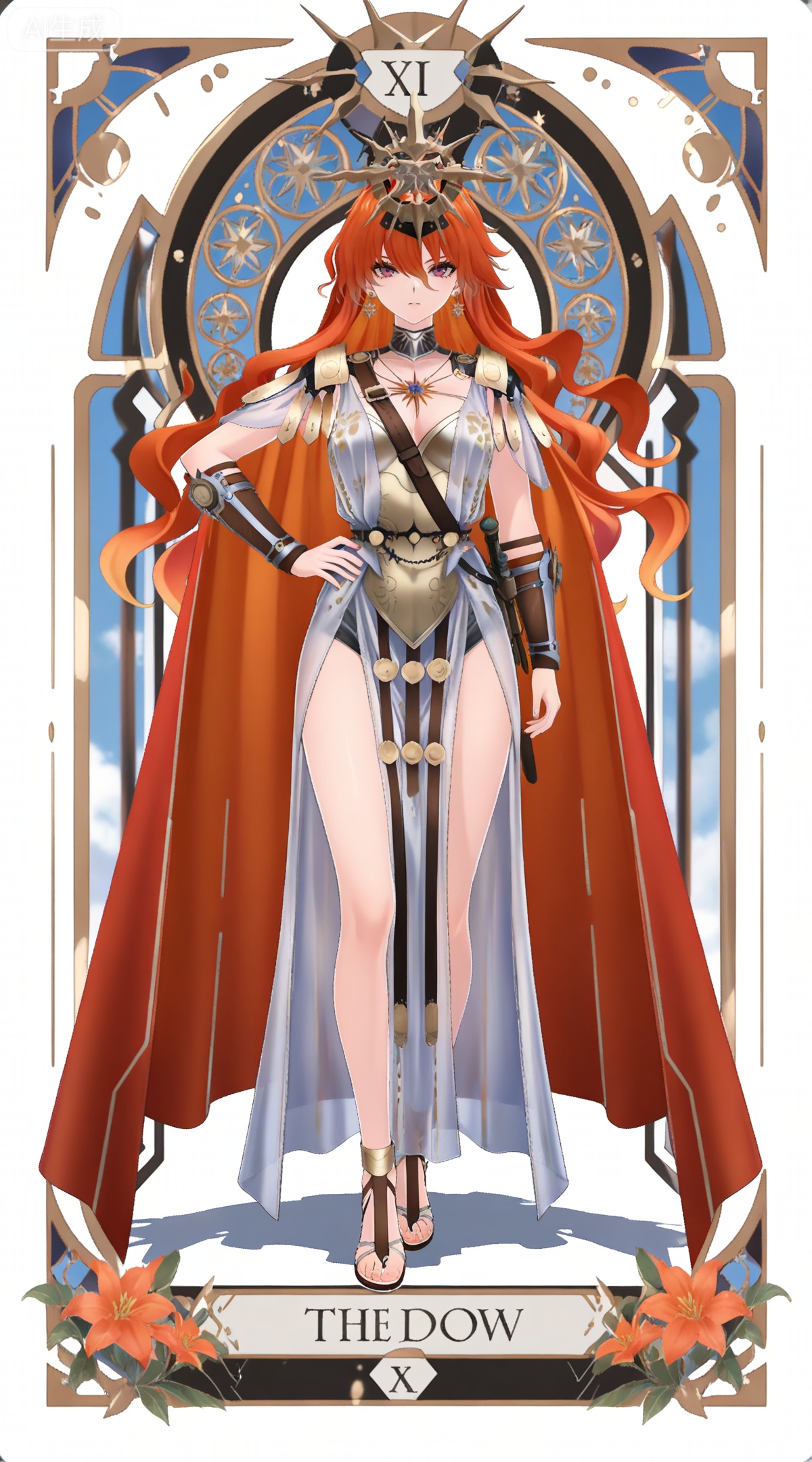 depth of field,masterpiece,best quality,very aesthetic,alternate costume,alternate costume,2024,2023,perfect composition,ultra-detailed,extreme aesthetic,masterpiece,best quality,good quality,newest,year 2024,year 2023,very aesthetic,absurdres,looking_at_viewer,colorful,
,art nouveau,traditional media,flower,xiamu,(tarot (medium):1.2),day,shadow,
orange hair, wavy hair, red hair, long hair, very long hair, purple eyes, red eyes, hair between eyes, earrings, aogu red cape, aogu crown, aogu armor, aogu greco-roman clothes, aogu white dress, aogu gladiator sandals, aogu high heels, 1girl, breasts, solo, full body, jewelry, hand on own hip, looking at viewer, cleavage,  white background, pelvic curtain, simple background, medium breasts, toes,lying,on back,