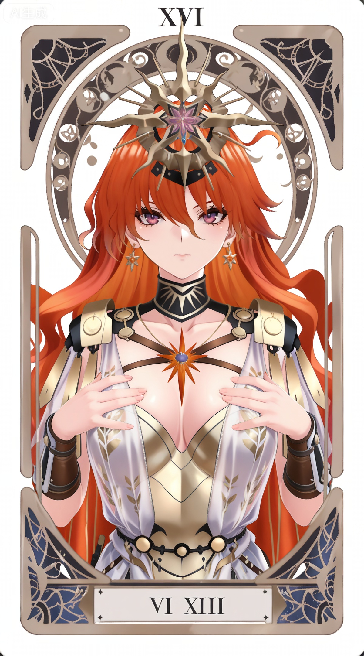 depth of field,masterpiece,best quality,very aesthetic,alternate costume,alternate costume,2024,2023,perfect composition,ultra-detailed,extreme aesthetic,masterpiece,best quality,good quality,newest,year 2024,year 2023,very aesthetic,absurdres,looking_at_viewer,colorful,
,art nouveau,traditional media,flower,xiamu,(tarot (medium):1.2),day,shadow,
red hair,long hair,very long hair,purple eyes,red eyes,hair between eyes,earrings,orange hair,wavy hair,aogu red cape,aogu crown,aogu armor,aogu greco-roman clothes,aogu white dress,1girl,breasts,jewelry,solo,looking at viewer,white background,cleavage,upper body,simple background,large breasts,closed mouth,collarbone,hand on breasts,