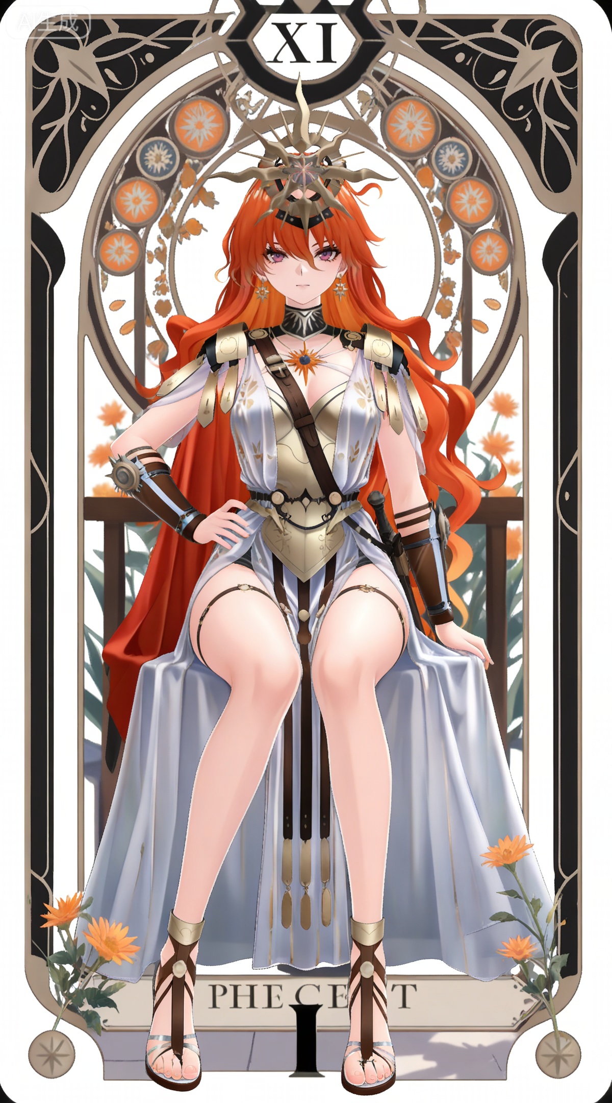 depth of field,masterpiece,best quality,very aesthetic,alternate costume,alternate costume,2024,2023,perfect composition,ultra-detailed,extreme aesthetic,masterpiece,best quality,good quality,newest,year 2024,year 2023,very aesthetic,absurdres,looking_at_viewer,colorful,
,art nouveau,traditional media,flower,xiamu,(tarot (medium):1.2),day,shadow,
orange hair, wavy hair, red hair, long hair, very long hair, purple eyes, red eyes, hair between eyes, earrings, aogu red cape, aogu crown, aogu armor, aogu greco-roman clothes, aogu white dress, aogu gladiator sandals, aogu high heels, 1girl, breasts, solo, full body, jewelry, hand on own hip, looking at viewer, cleavage,  white background, pelvic curtain, simple background, medium breasts, toes,sitting,