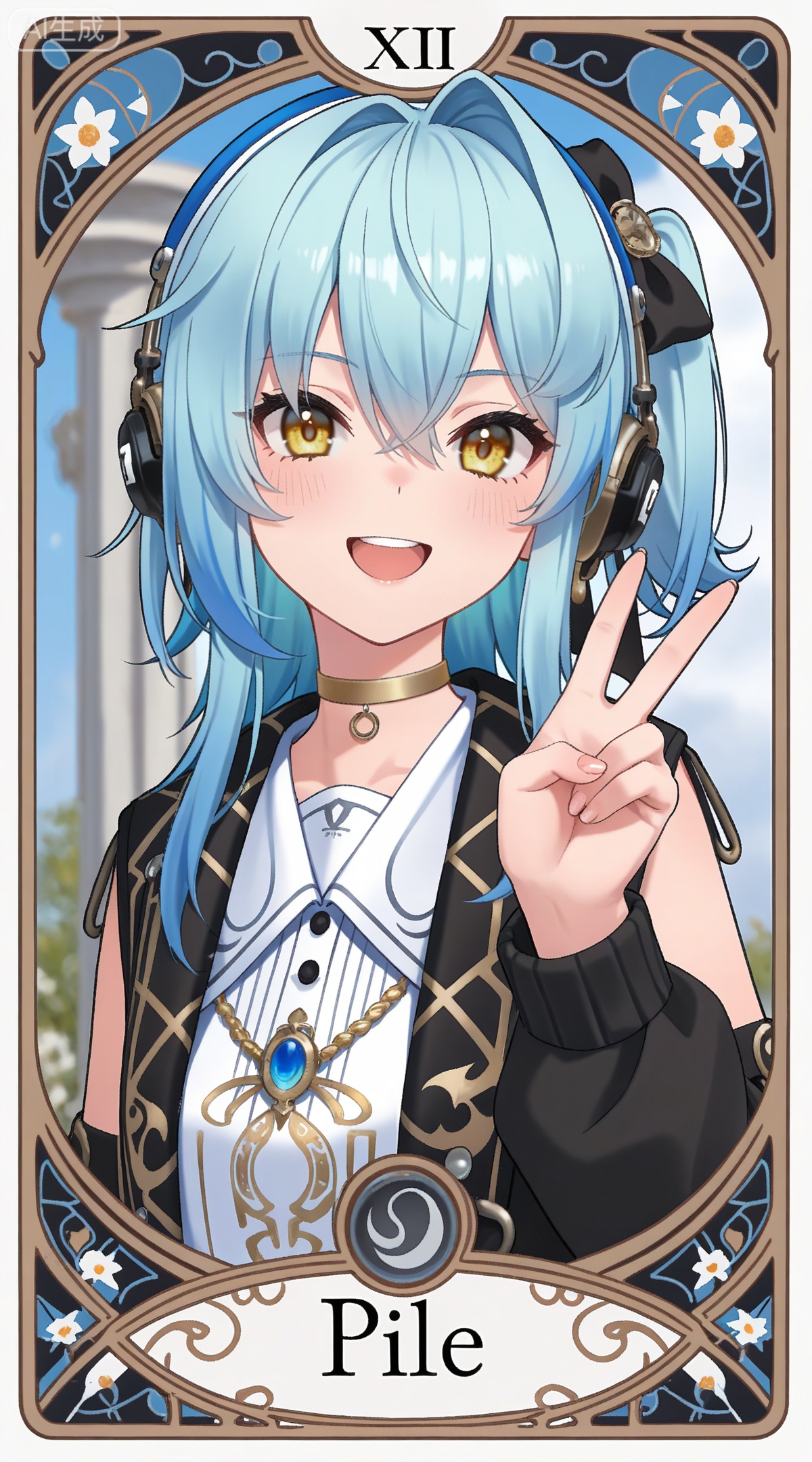 depth of field,masterpiece,best quality,very aesthetic,alternate costume,alternate costume,2024,2023,perfect composition,ultra-detailed,extreme aesthetic,masterpiece,best quality,good quality,newest,year 2024,year 2023,very aesthetic,absurdres,looking_at_viewer,colorful,
,art nouveau,traditional media,flower,xiamu,(tarot (medium):1.2),day,shadow,
blue hair, light blue hair, yellow eyes, long hair, puling braided ponytail, one side up, single braid, puling black choker, puling headphones, puling black jacket, puling detachable sleeves, puling shirt, puling headphones, puling black hair bow, solo, looking at viewer, smile, open mouth, v,1girl, virtual youtuber, white background, upper body, simple background, hair between eyes, :d