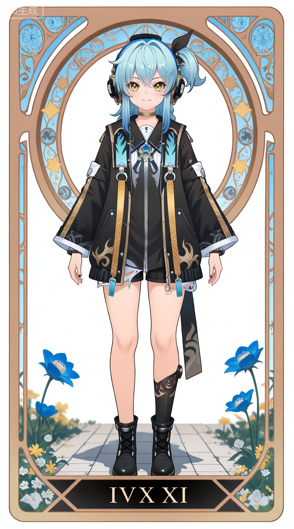 depth of field,masterpiece,best quality,very aesthetic,alternate costume,alternate costume,2024,2023,perfect composition,ultra-detailed,extreme aesthetic,masterpiece,best quality,good quality,newest,year 2024,year 2023,very aesthetic,absurdres,looking_at_viewer,colorful,
,art nouveau,traditional media,flower,xiamu,(tarot (medium):1.2),day,shadow,
blue hair, light blue hair, yellow eyes, long hair, puling braided ponytail, one side up, single braid, puling black choker, puling black fingerless gloves, puling headphones, puling black jacket, puling detachable sleeves, puling shirt, puling black shorts, puling headphones, puling black single sock, puling black hair bow, puling black boots, solo, full body, looking at viewer, 1girl, white background, tachi-e, simple background, standing, smile, straight-on, closed mouth